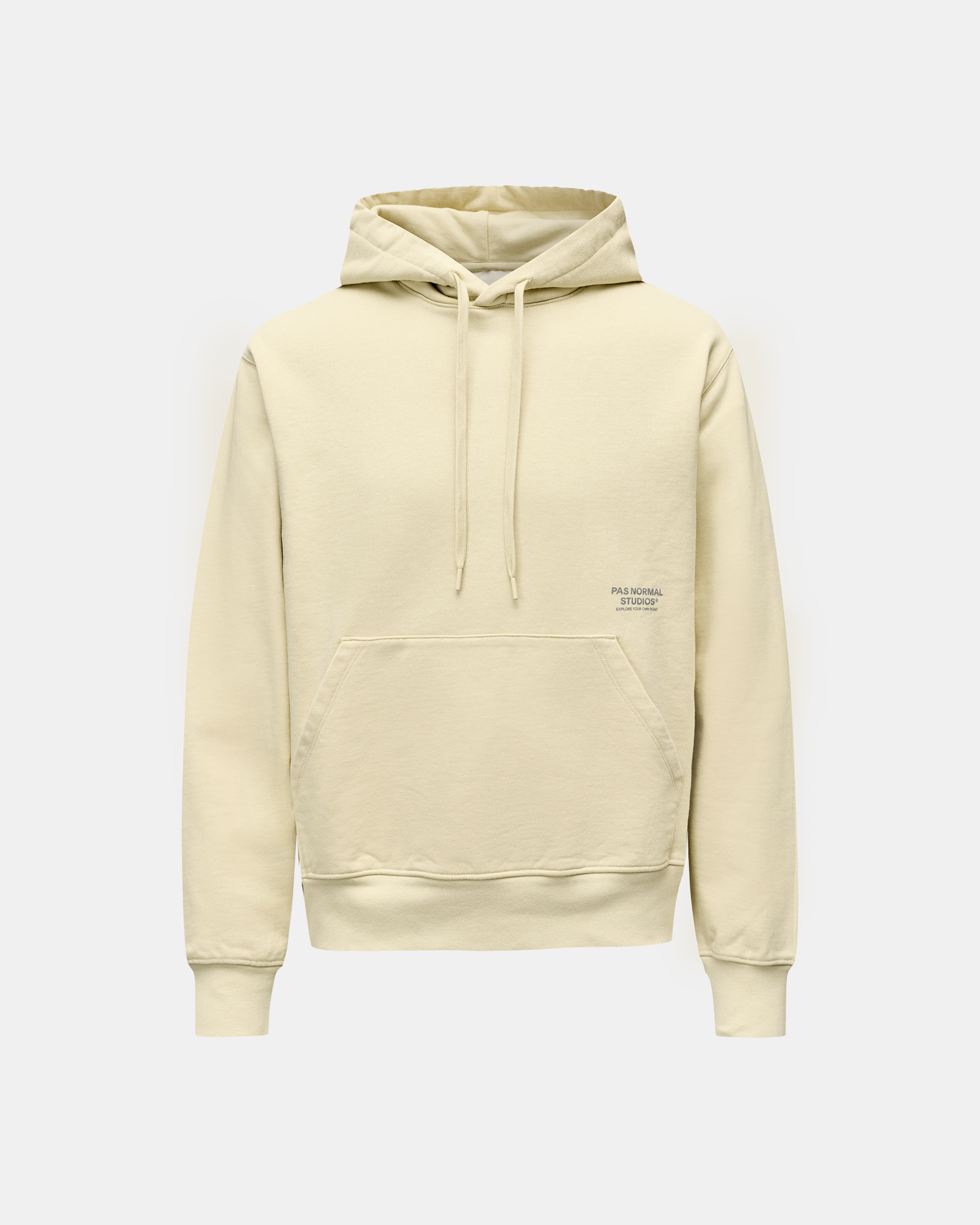 Sand Off-Race hoodie, front flat lay with kangaroo pocket and small chest text print