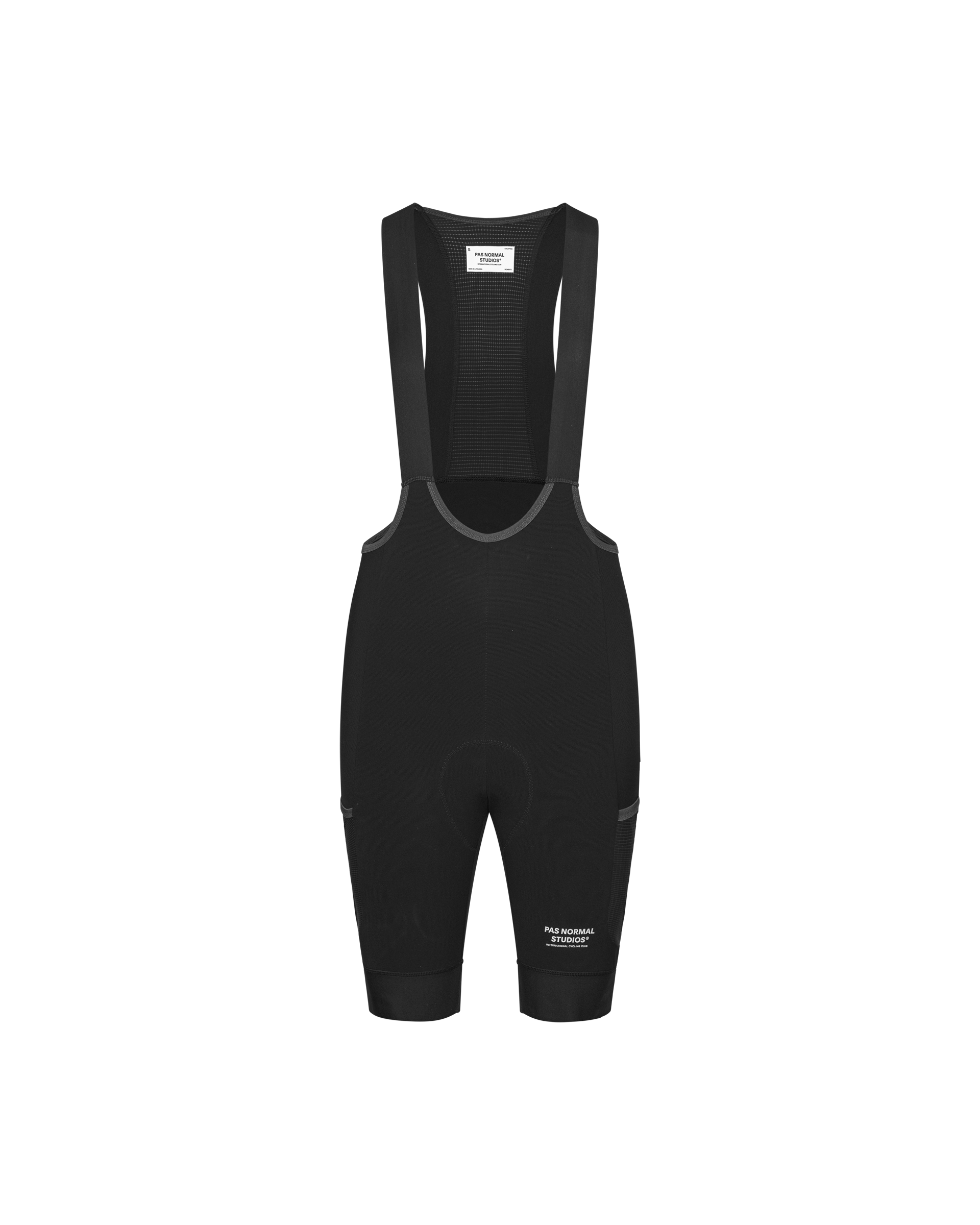 Black Escapism Cargo cycling bibs, front flat lay with mesh bib panel and cargo pockets