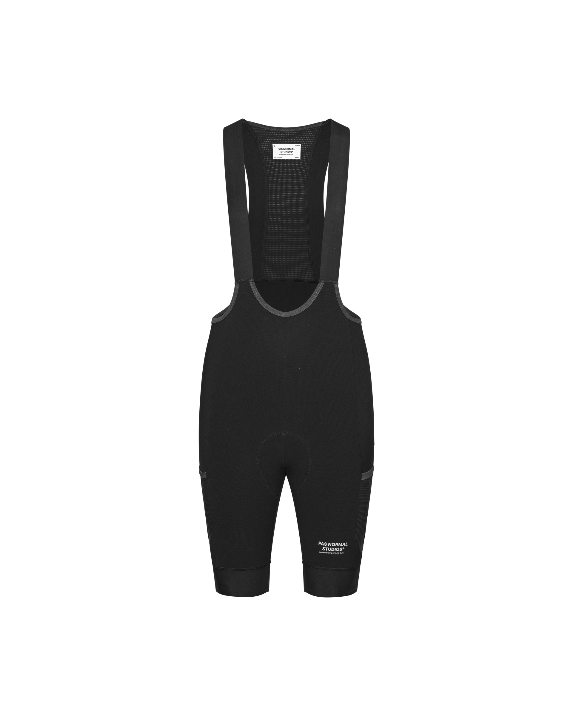 Black Escapism Cargo cycling bibs, front flat lay with mesh bib panel and cargo pockets