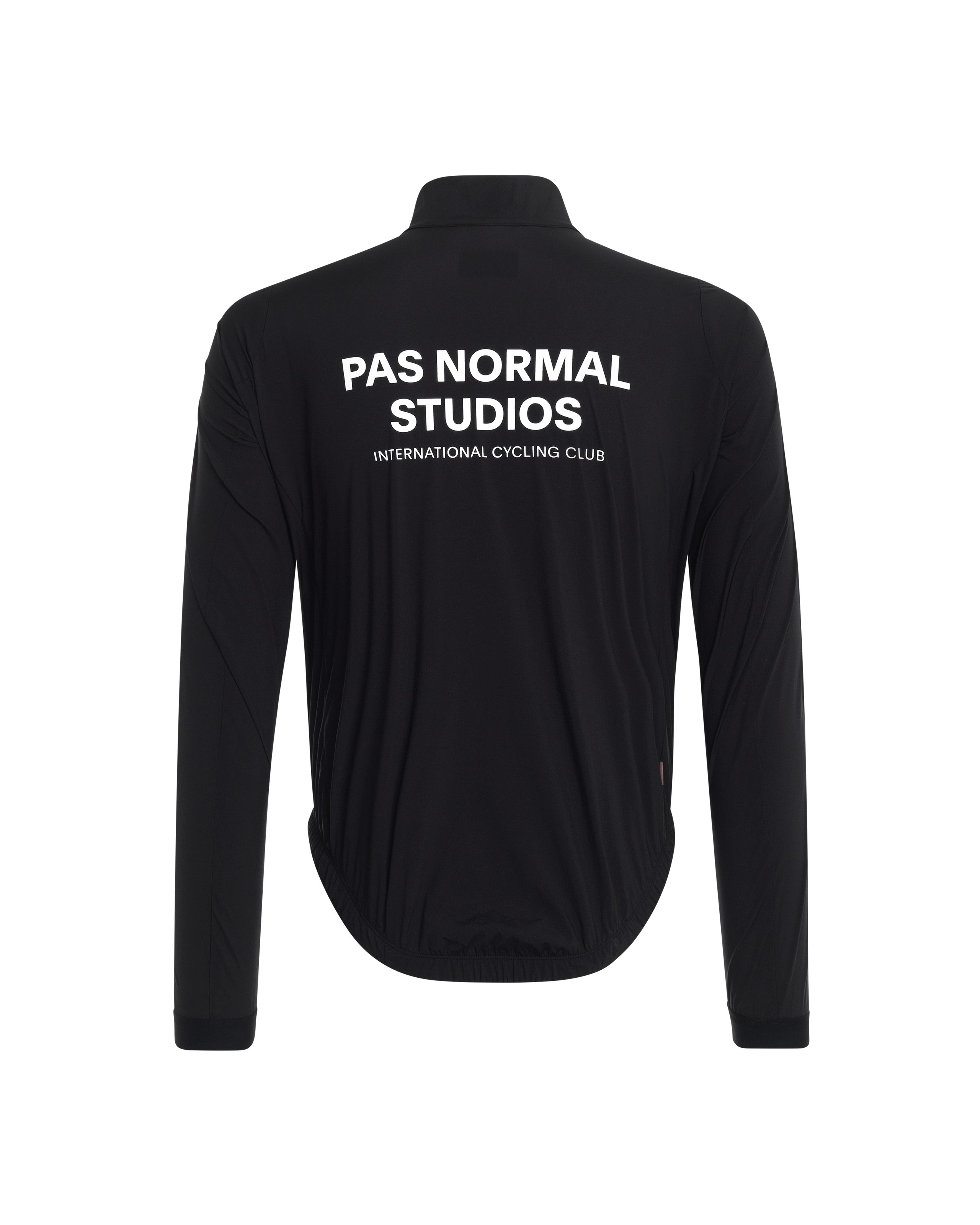 Black Mechanism Stow Away jacket, rear flat lay with white logo print