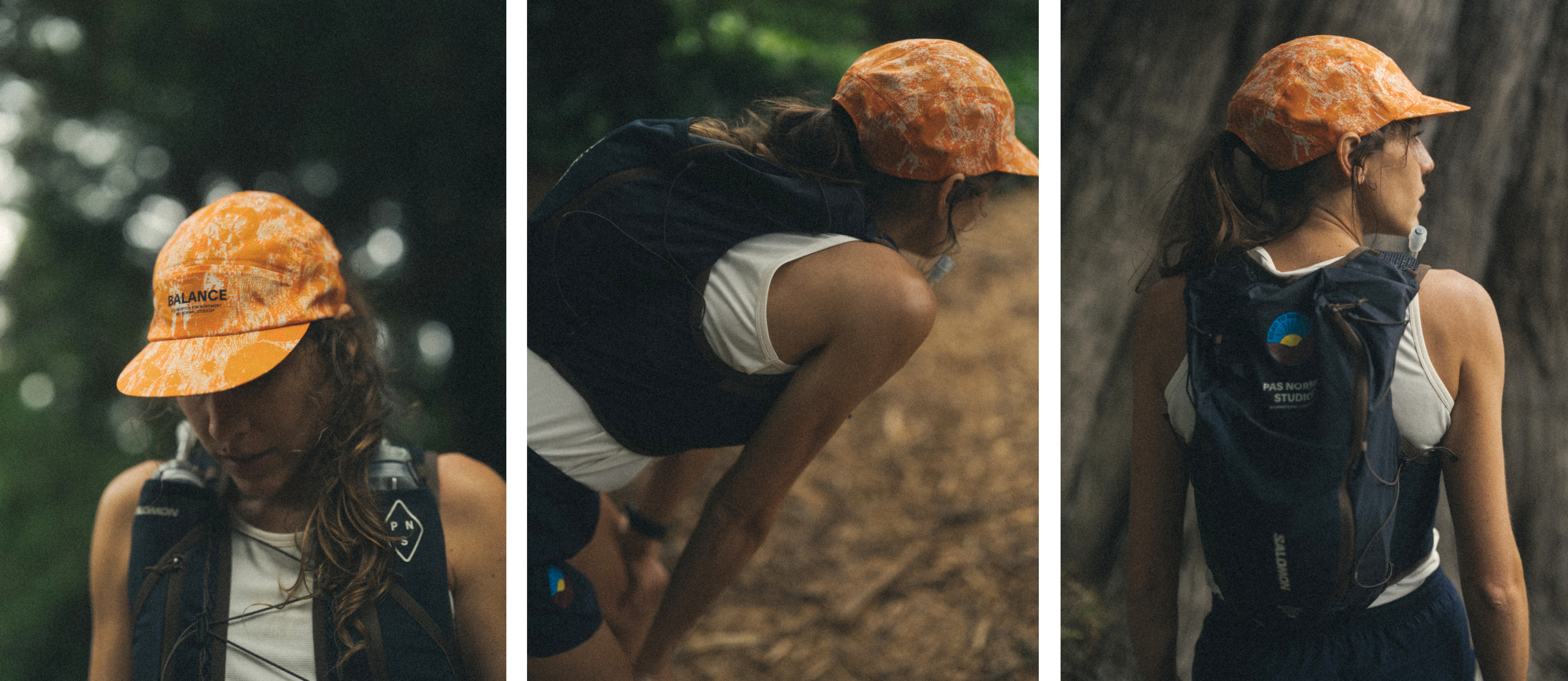 Model wearing orange tie-dye cap with Balance text and dark cycling vest in outdoor setting