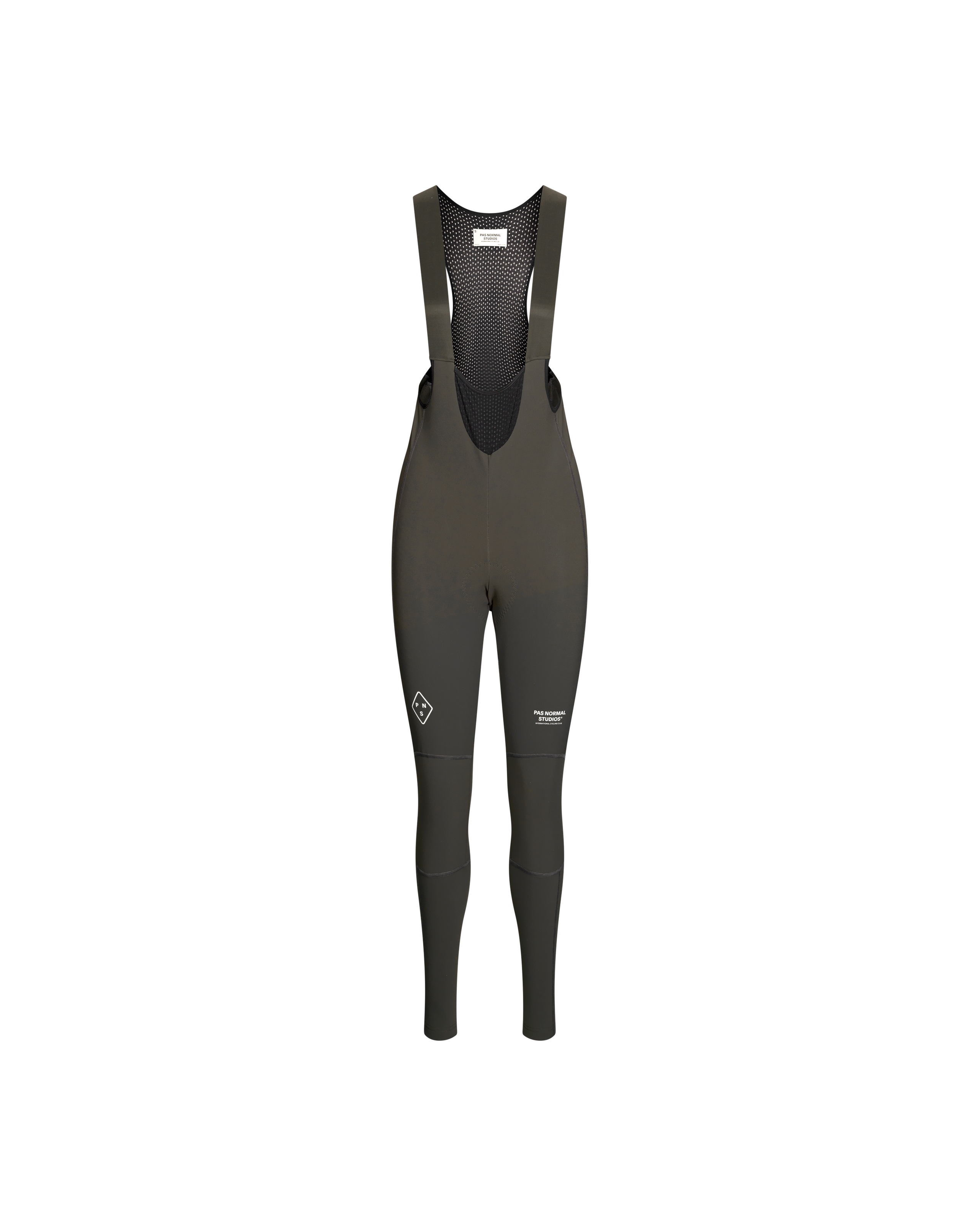 Dark Olive PAS Mechanism Deep Winter Long cycling bibs, front flat lay with mesh bib panel