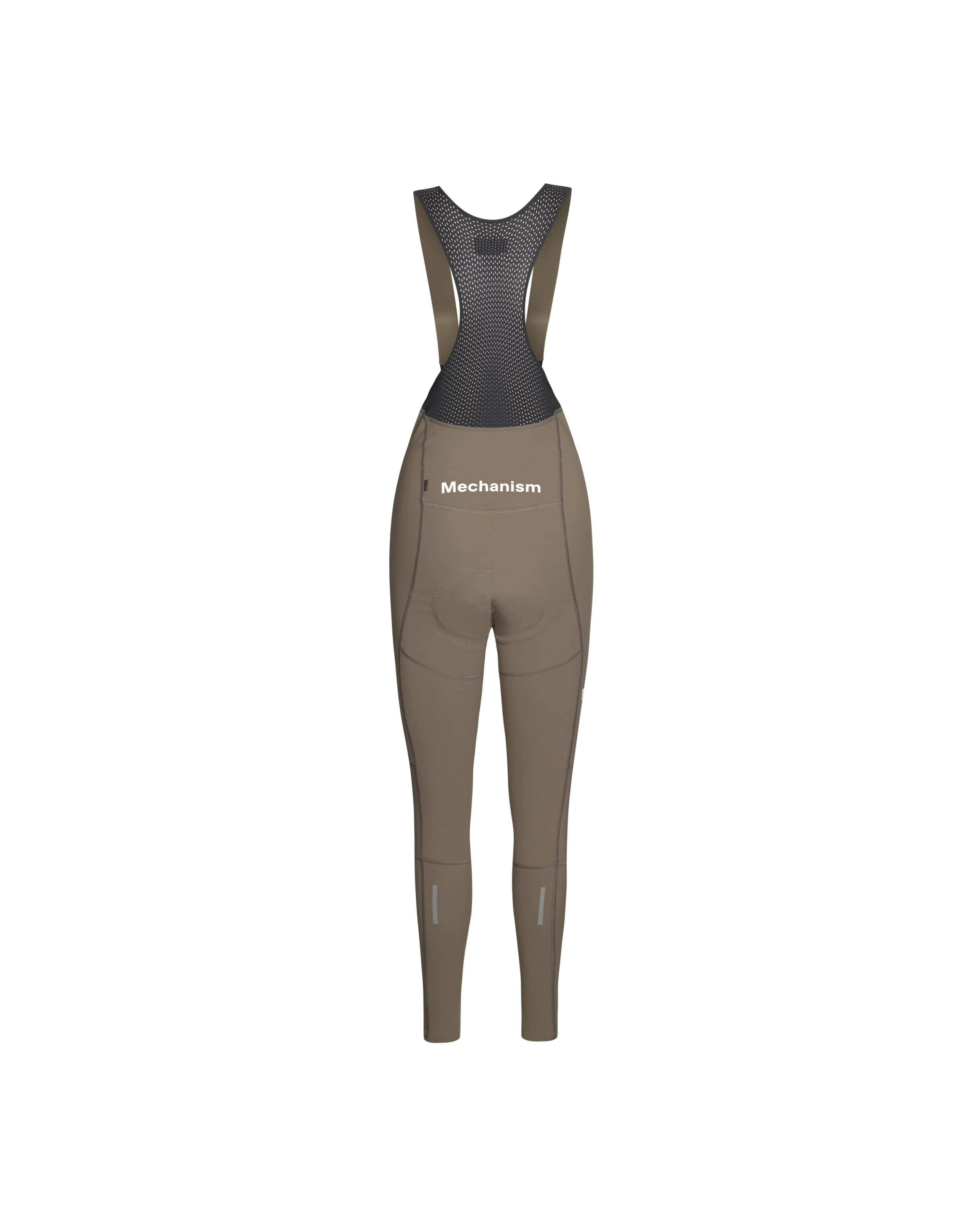 Dark Stone Mechanism Deep Winter Long cycling bibs, front flat lay with mesh bib straps
