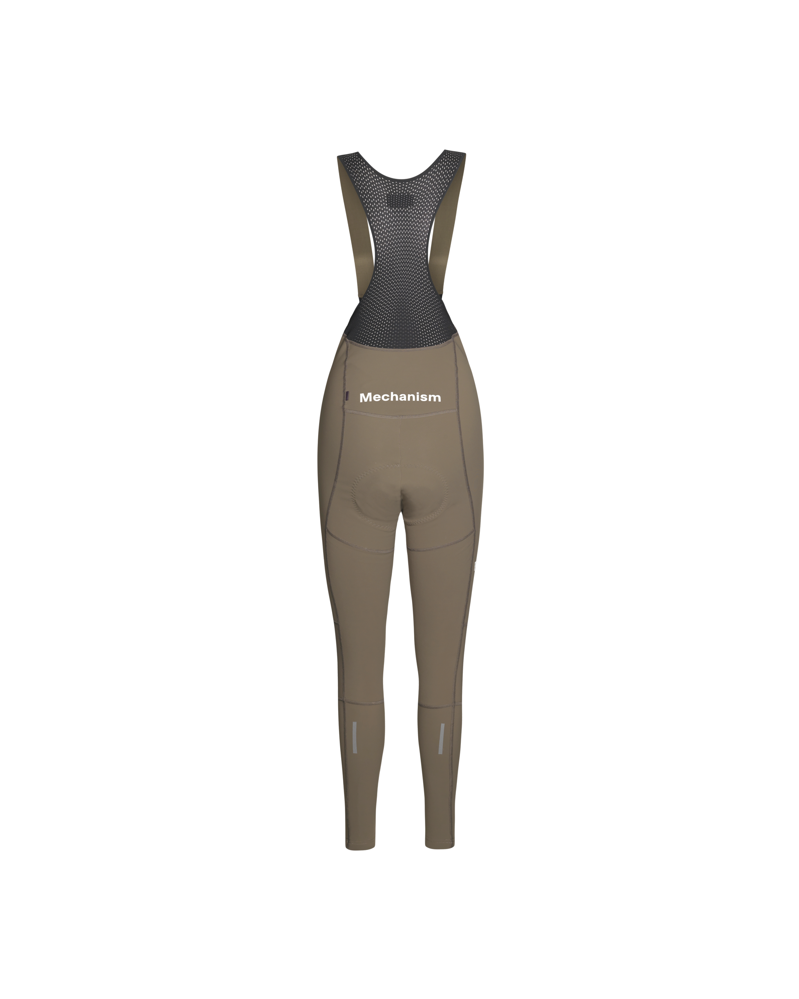 Dark Stone Mechanism Deep Winter Long cycling bibs, front flat lay with mesh bib straps