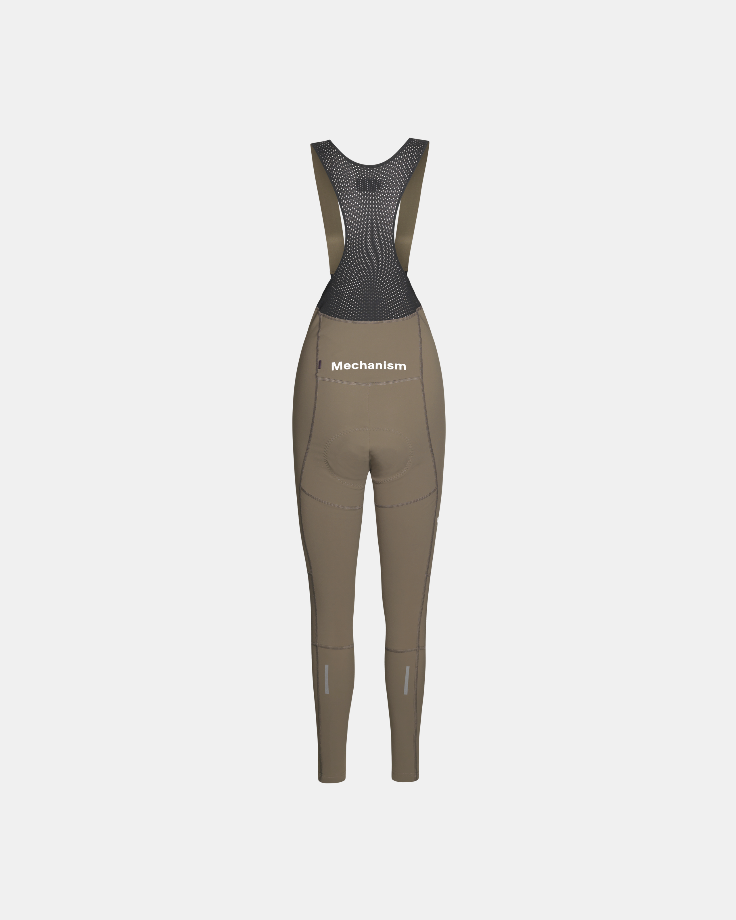 Dark Stone Mechanism Deep Winter Long cycling bibs, front flat lay with mesh bib straps