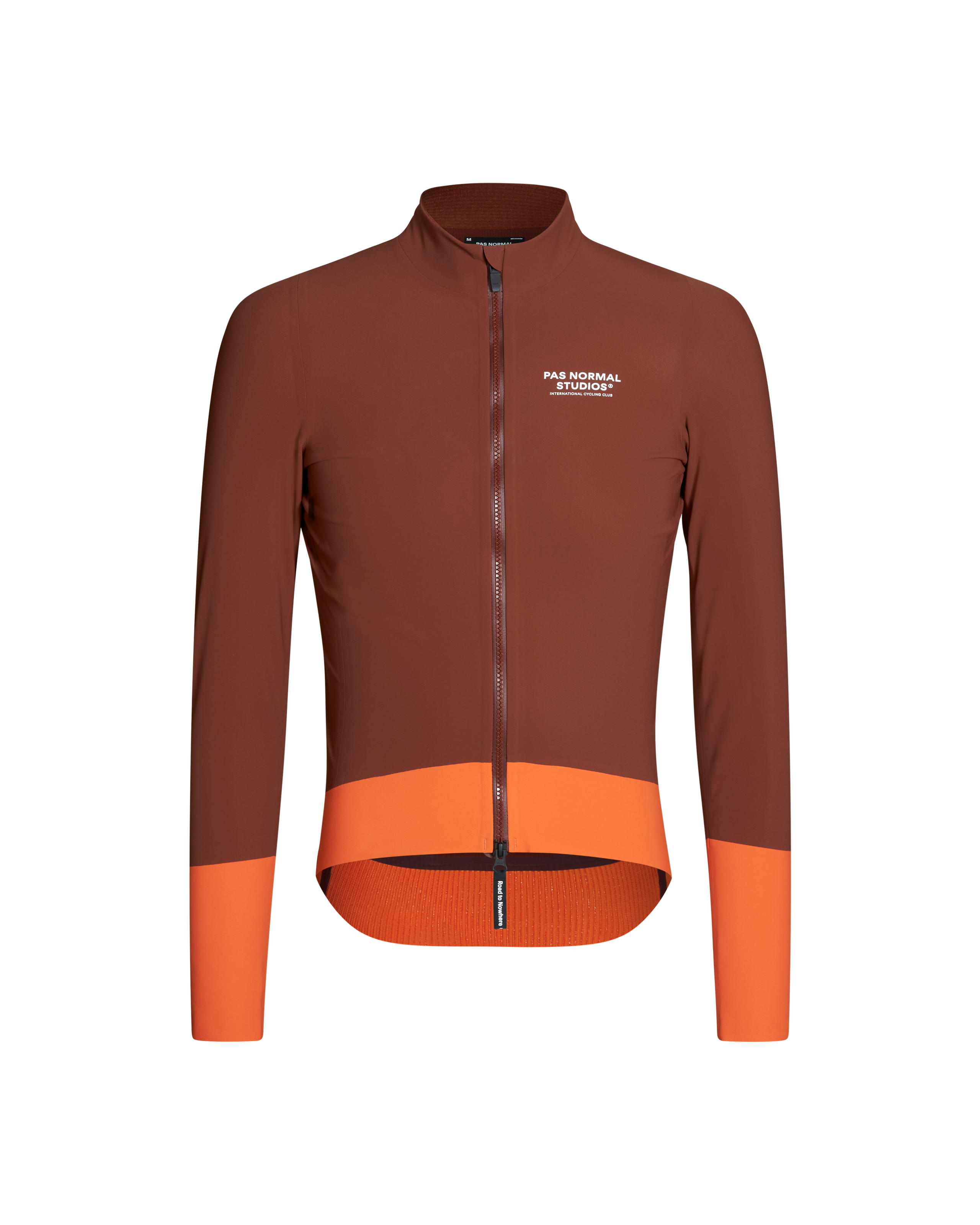 Brown Mechanism Thermal cycling jacket, front view with orange lower panels and cuffs