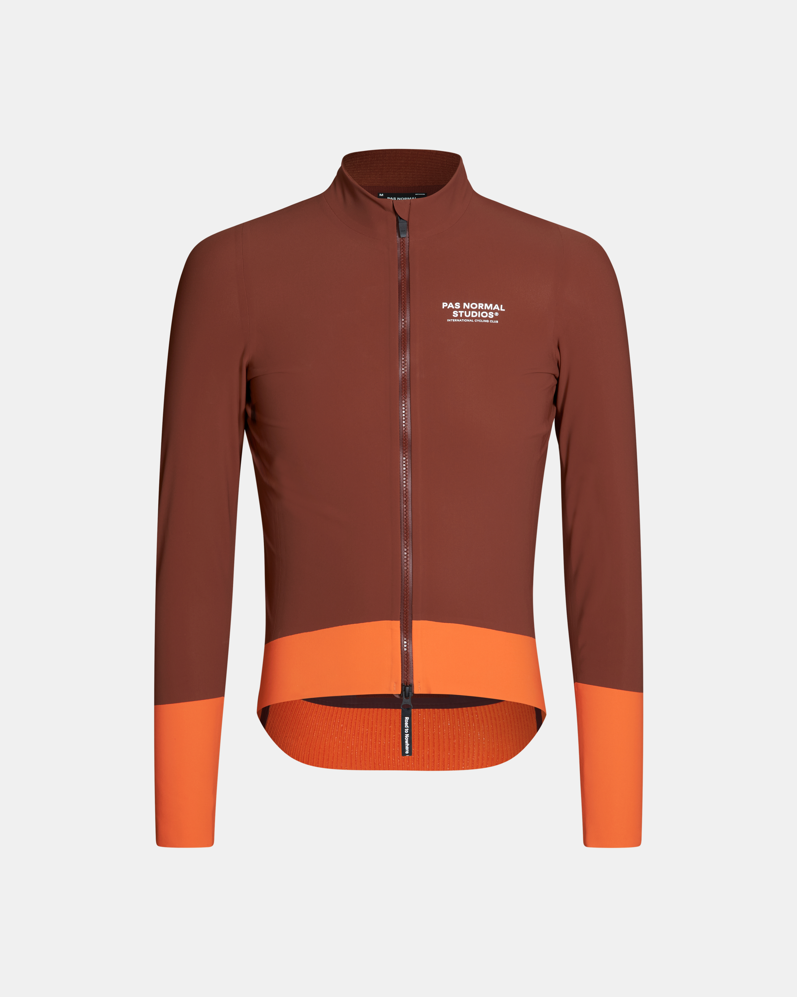 Brown Mechanism Thermal cycling jacket, front view with orange lower panels and cuffs