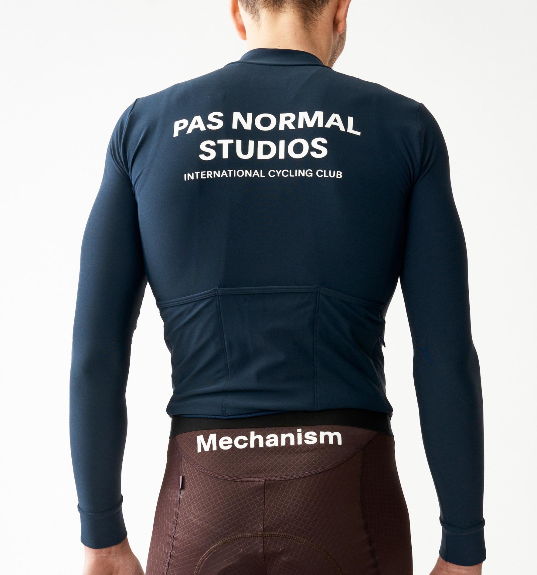 Navy Mechanism long sleeve cycling jersey, rear view on model with white back print