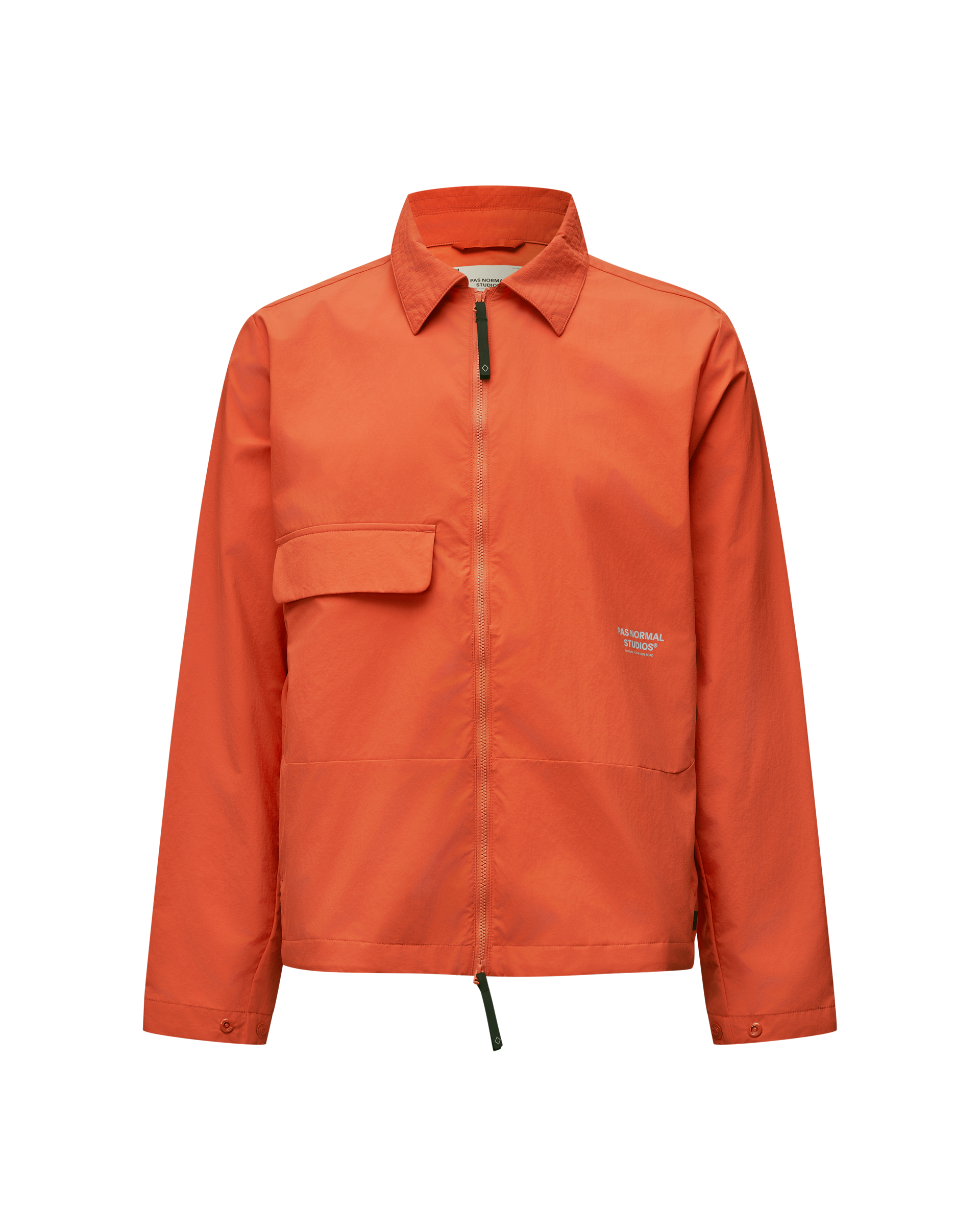 Orange Off-Race Utility jacket, front view with chest pocket and full zip closure