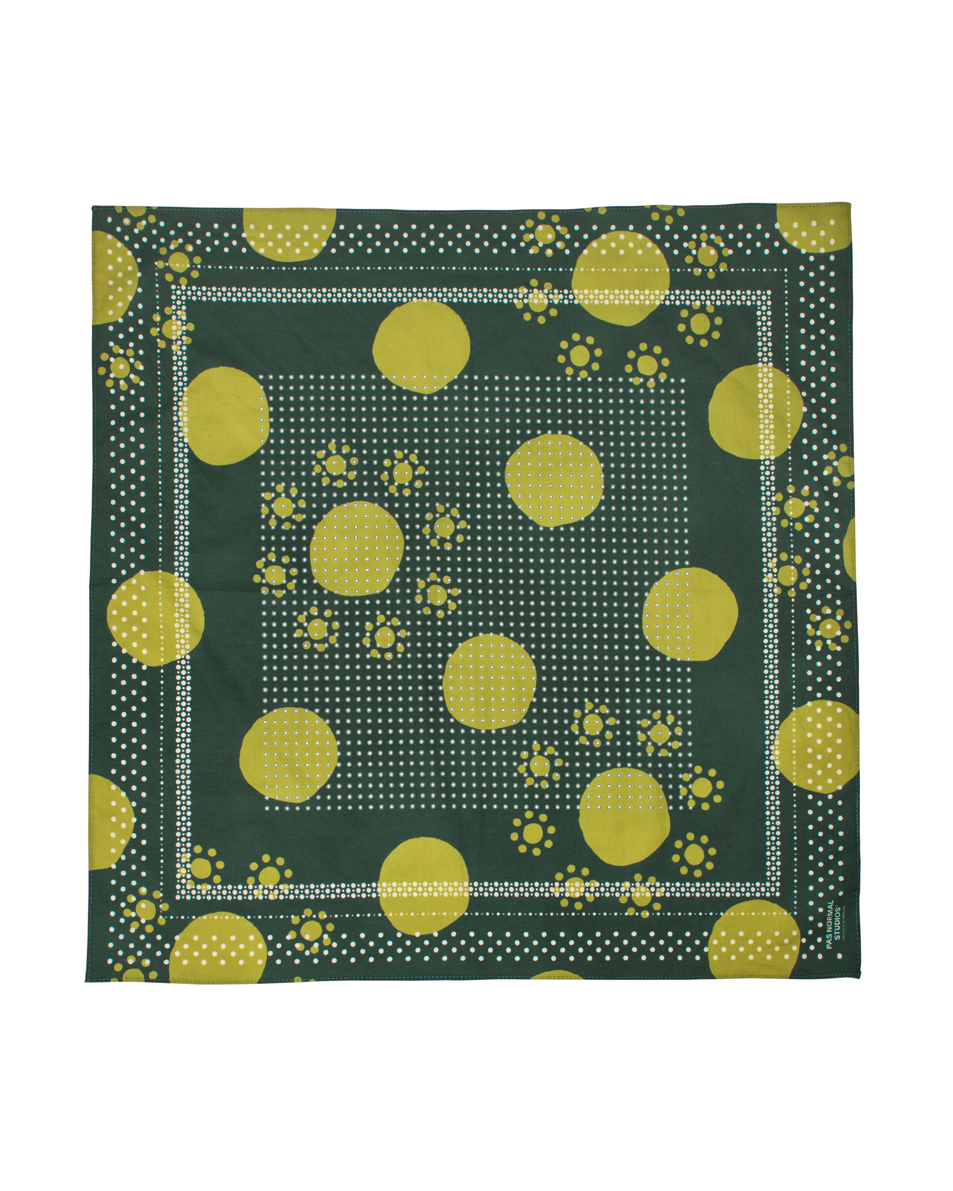 Green Off-Race bandana, flat lay with yellow polka dot pattern