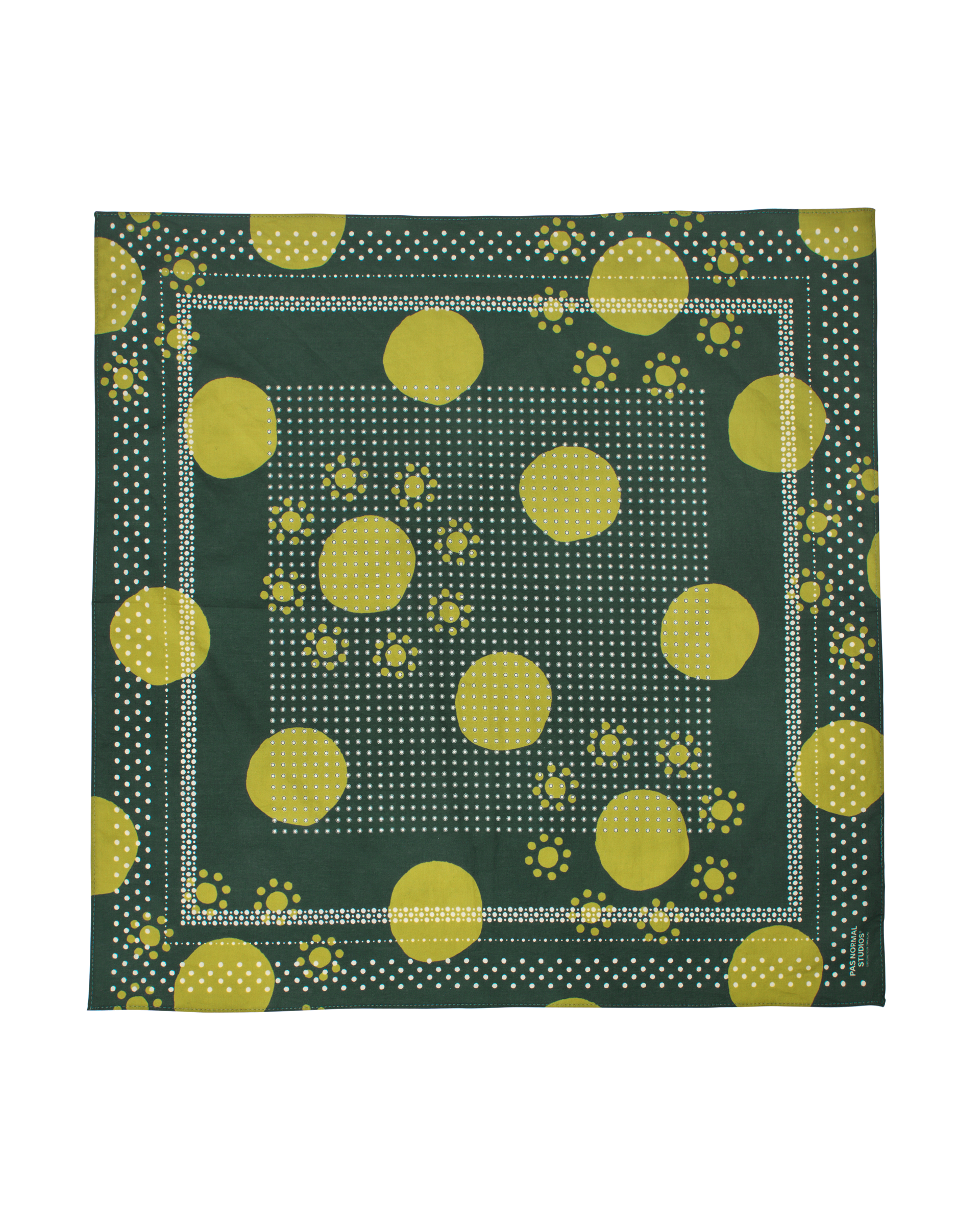 Green Off-Race bandana, flat lay with yellow polka dot pattern