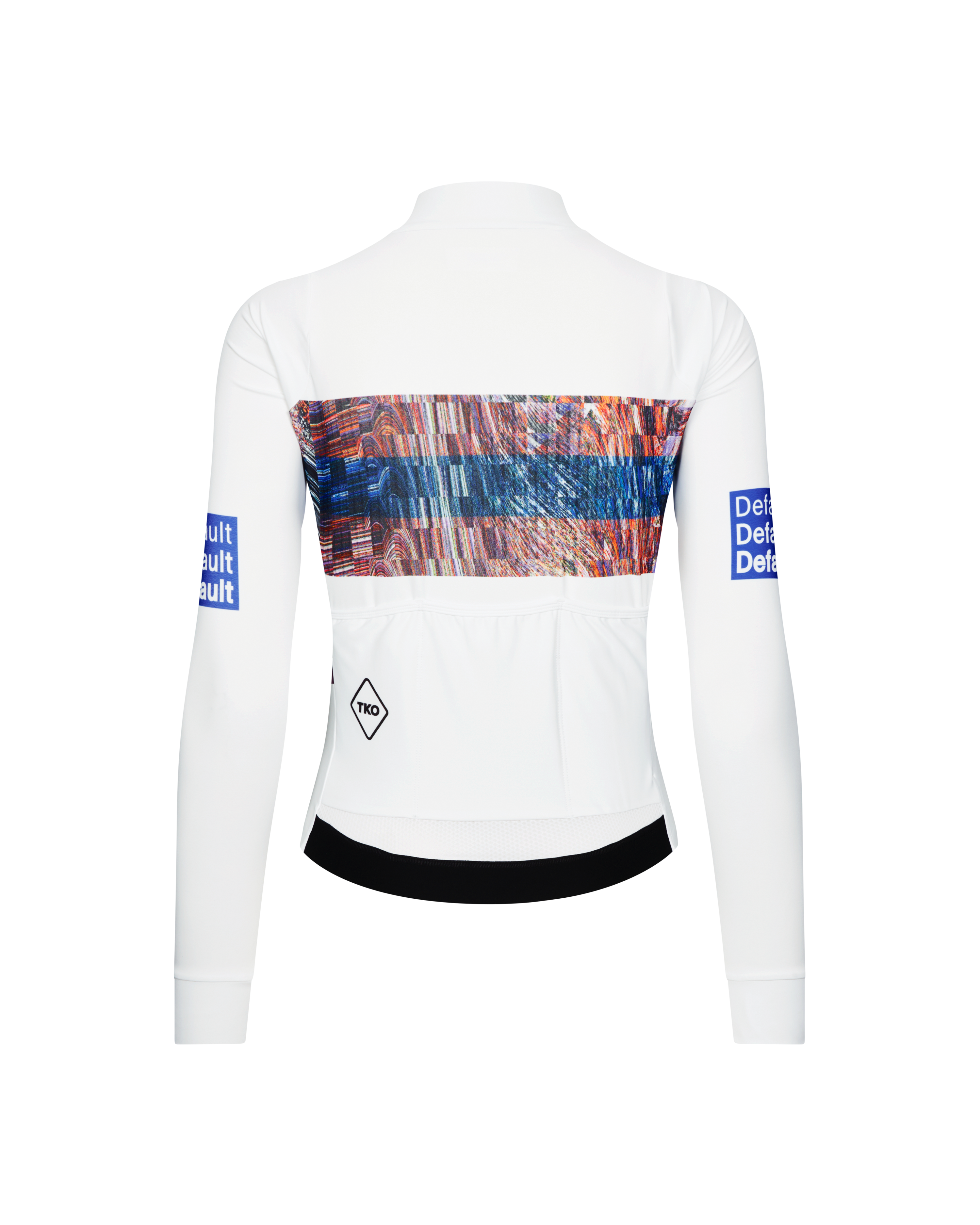 White T.K.O. Mechanism women's long sleeve cycling jersey, rear view with multicolor glitch-print back panel