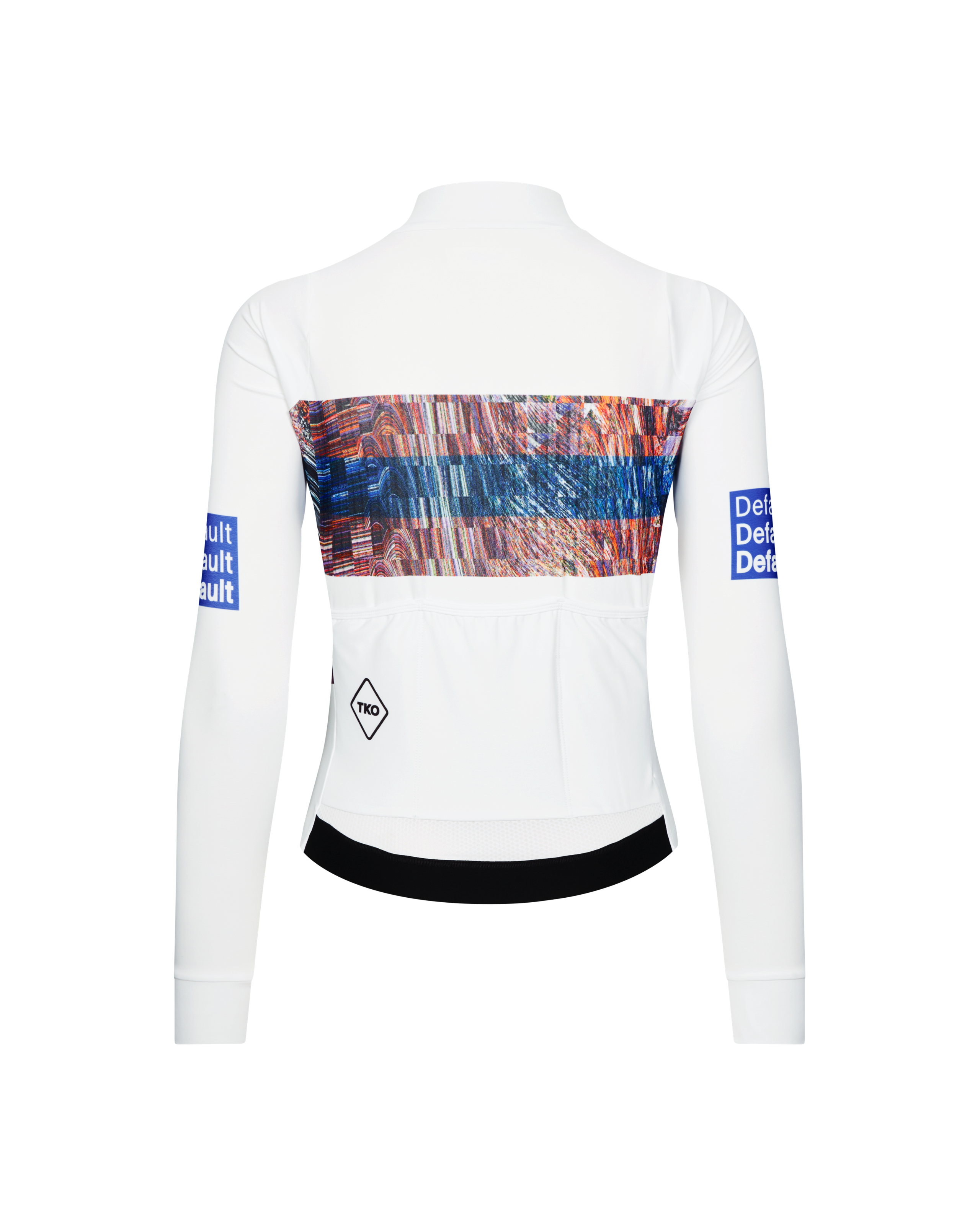 White T.K.O. Mechanism women's long sleeve cycling jersey, rear view with multicolor glitch-print back panel
