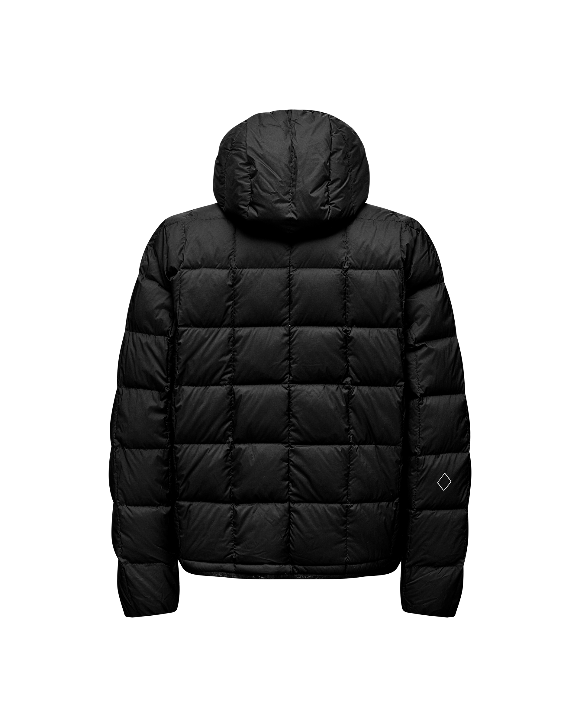 Black Off-Race Down Liner jacket, rear flat lay with quilted panels and hooded design