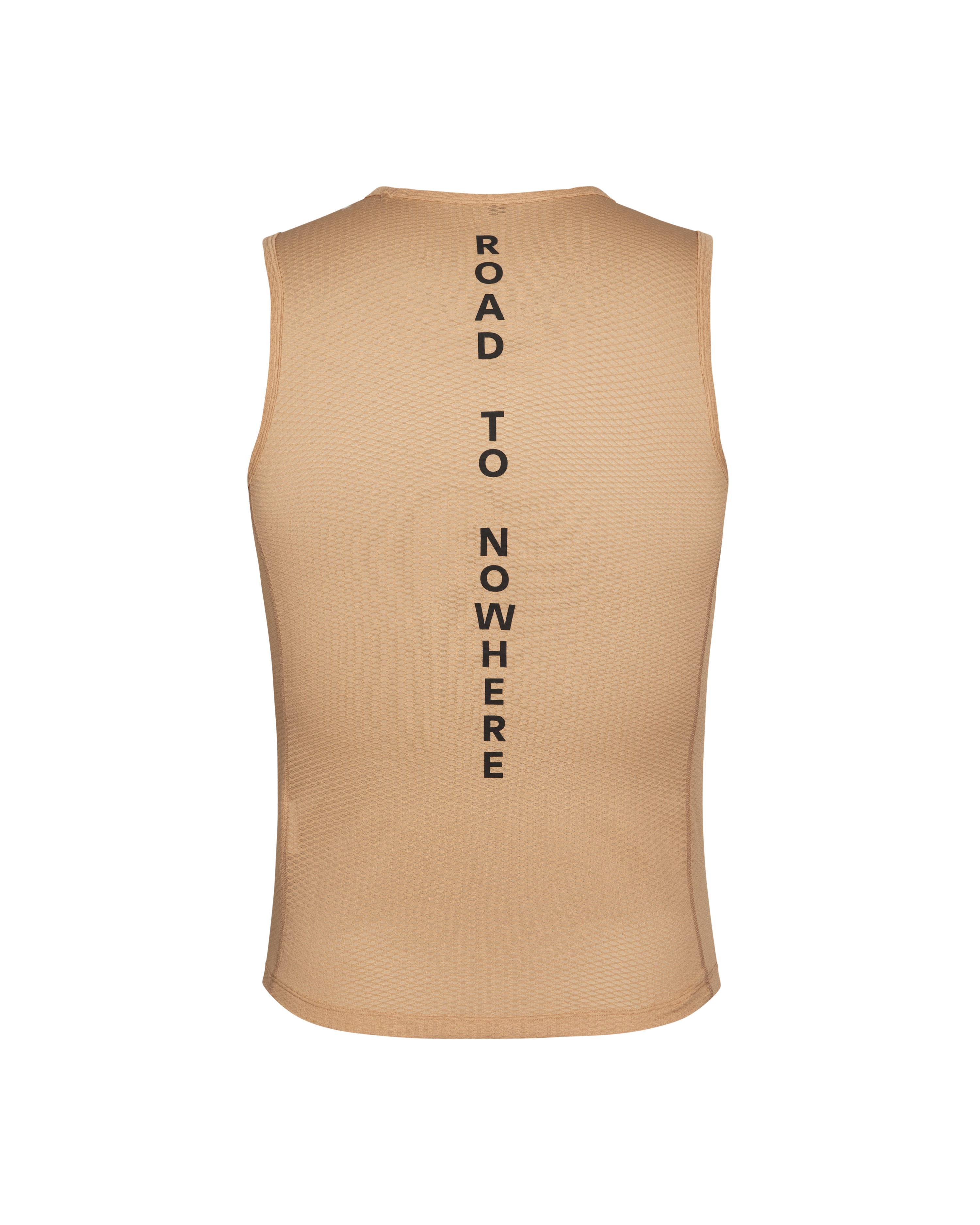 Camel Mechanism sleeveless base layer, rear flat lay with vertical Road to Nowhere text print