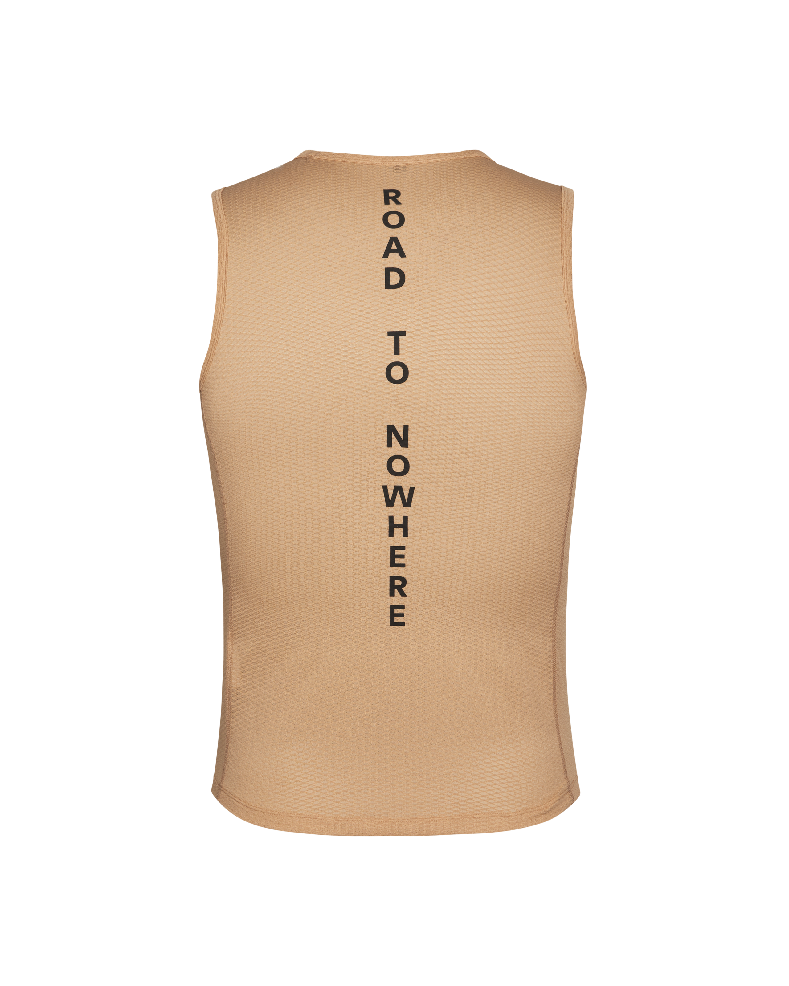 Camel Mechanism sleeveless base layer, rear flat lay with vertical Road to Nowhere text print