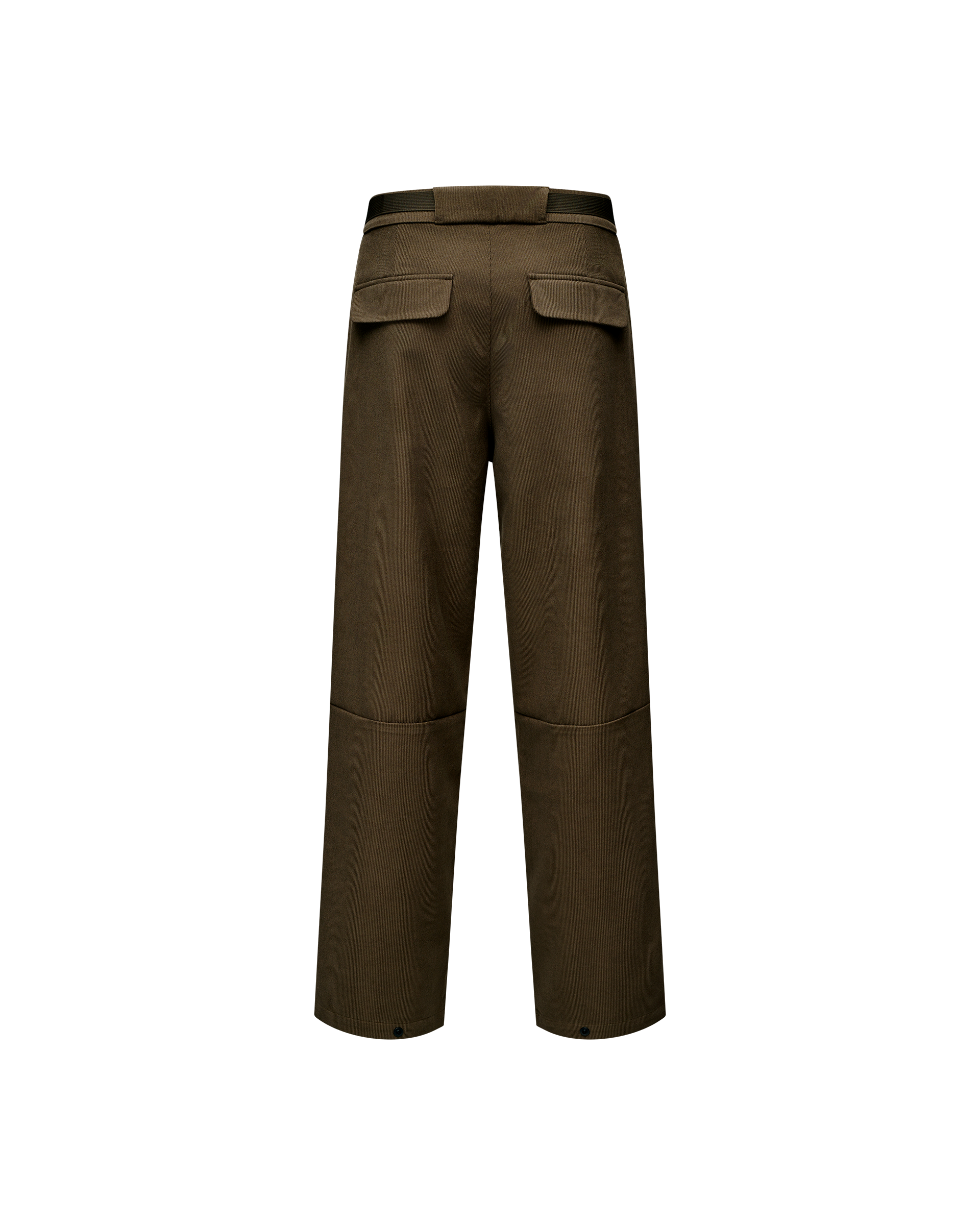 Deep Olive Off-Race Corduroy pants, rear flat lay with two flap back pockets and contrast waistband