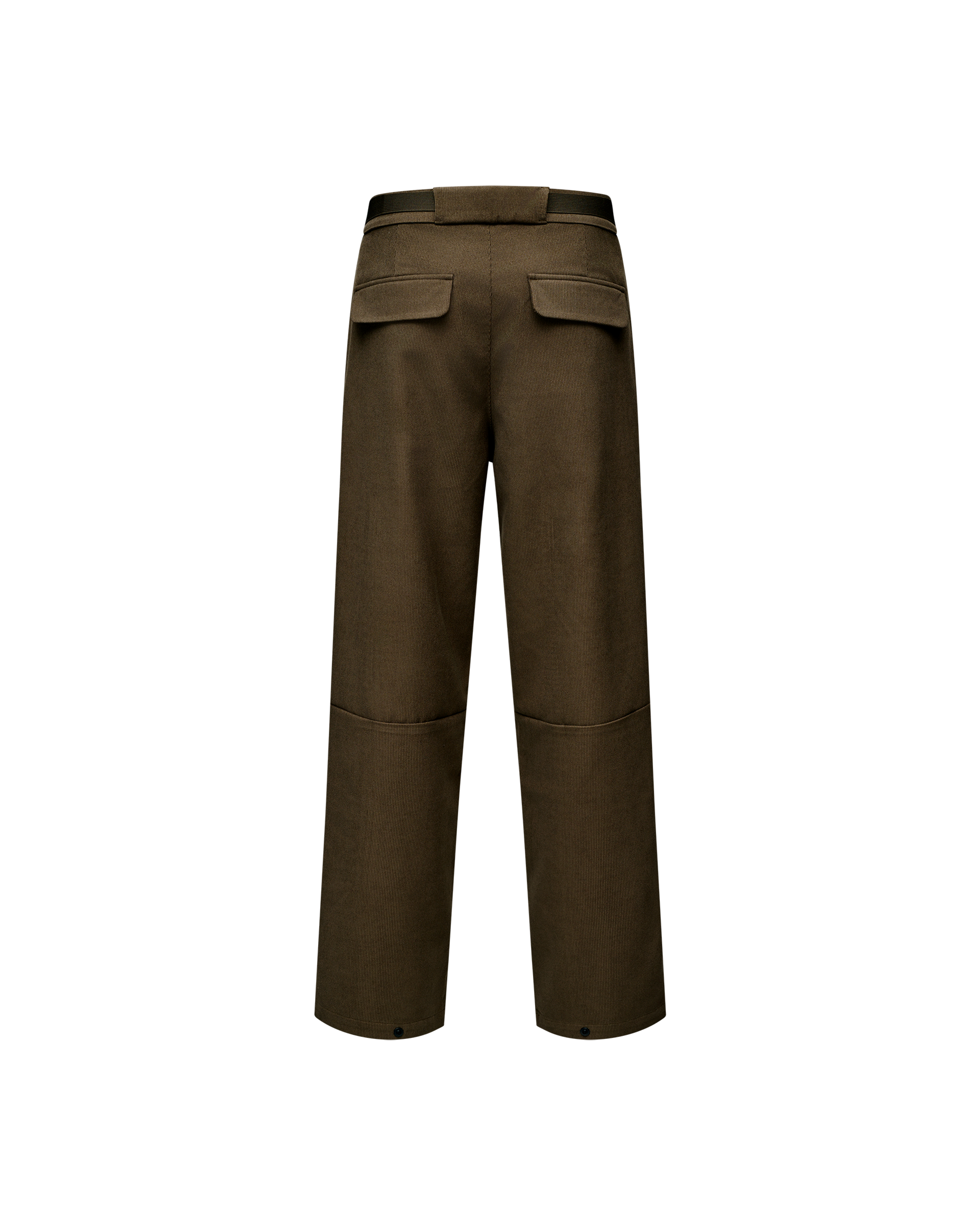 Deep Olive Off-Race Corduroy pants, rear flat lay with two flap back pockets and contrast waistband