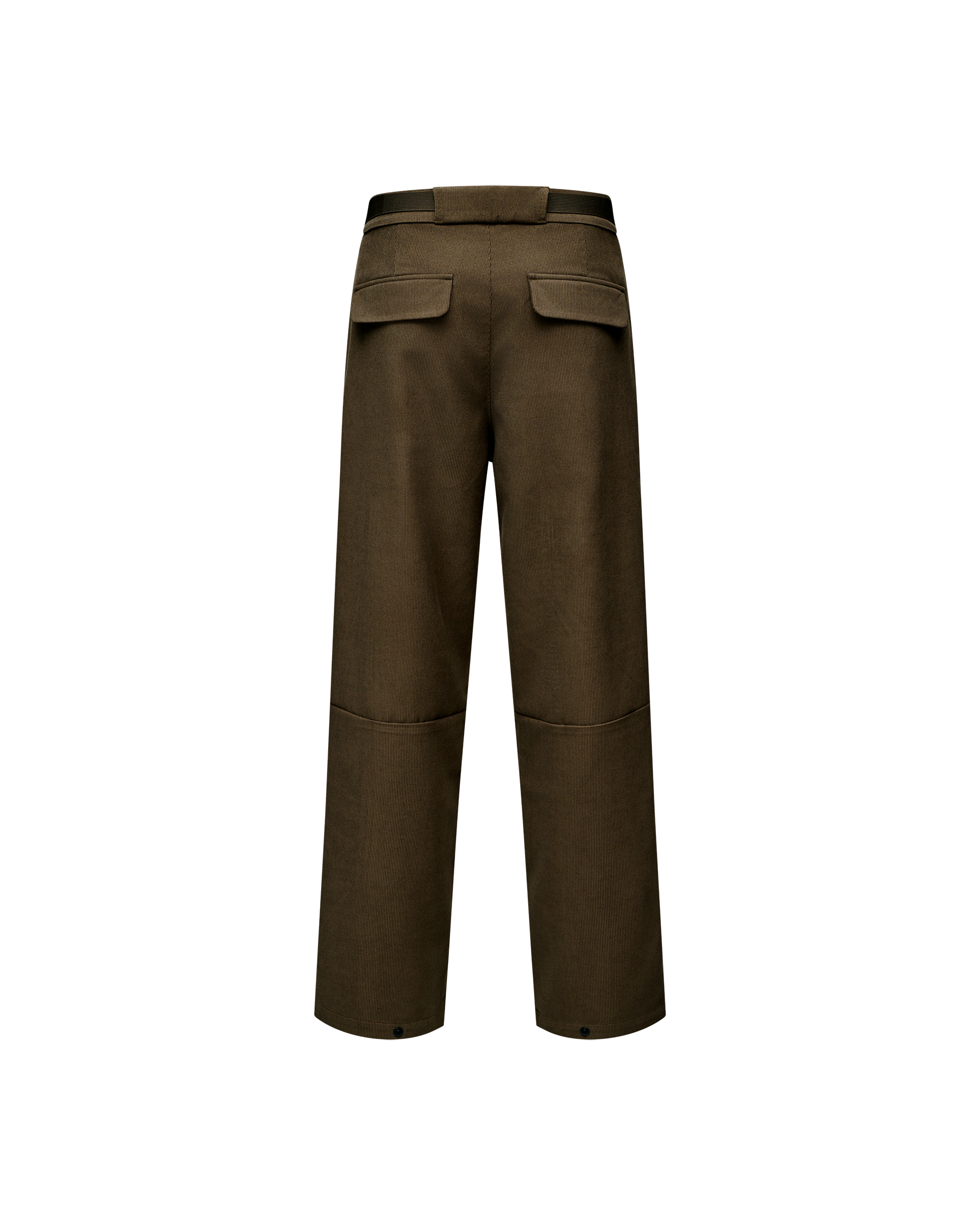 Deep Olive Off-Race Corduroy pants, rear flat lay with two flap back pockets and contrast waistband