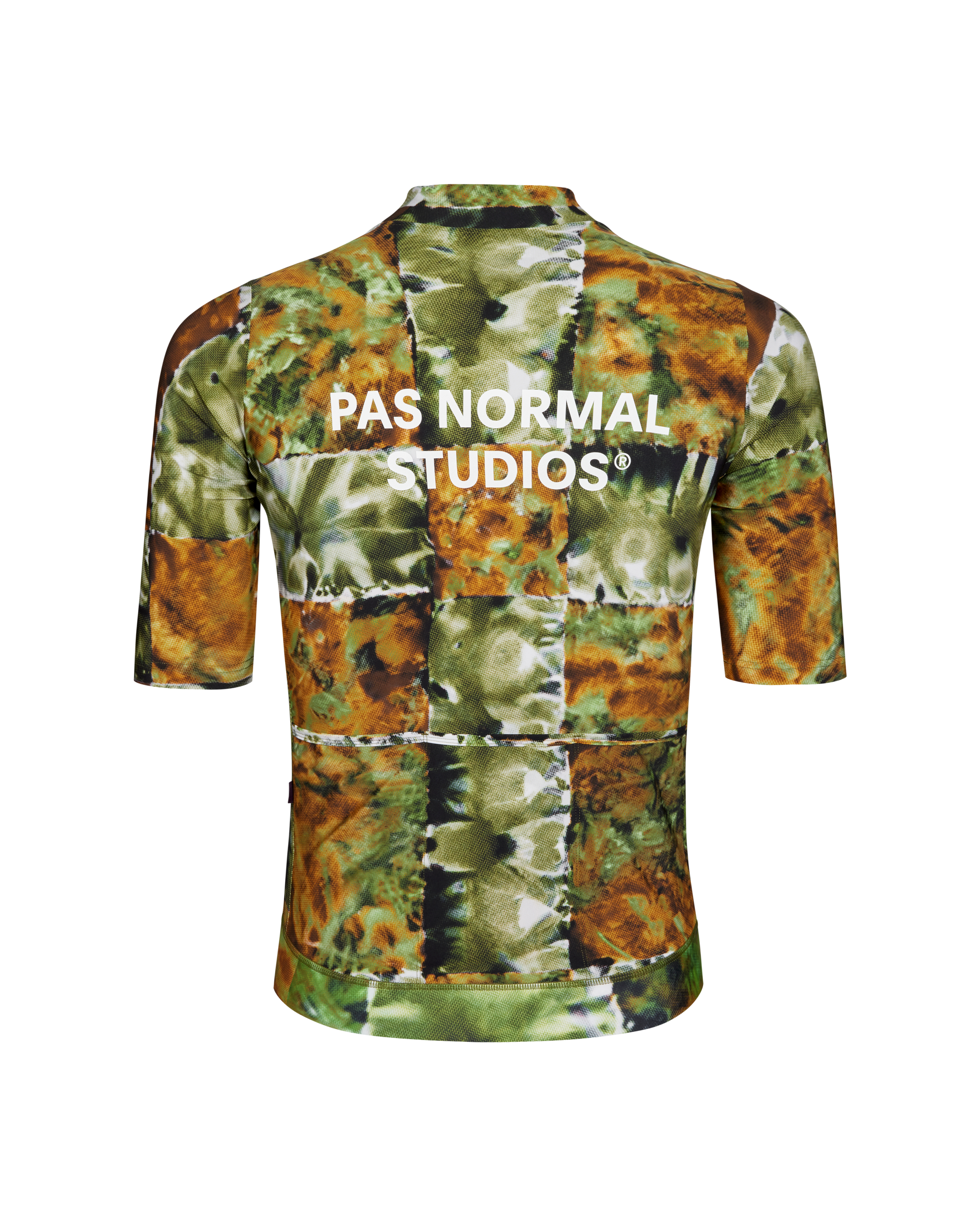 Green Essential cycling jersey, rear view with kaleidoscope print and white logo