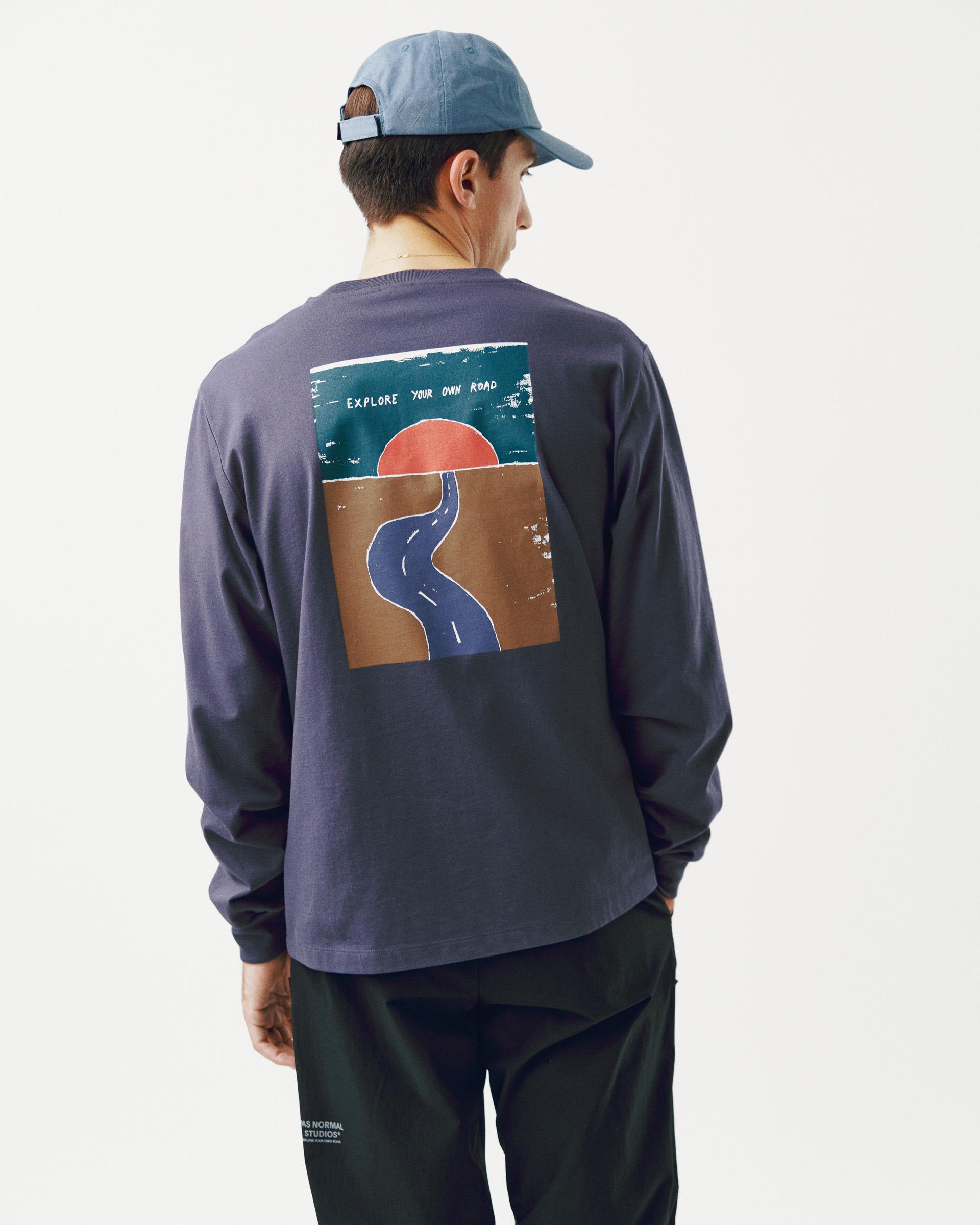 Steel Off-Race Graphic long sleeve t-shirt on model, rear view with road and sun back print