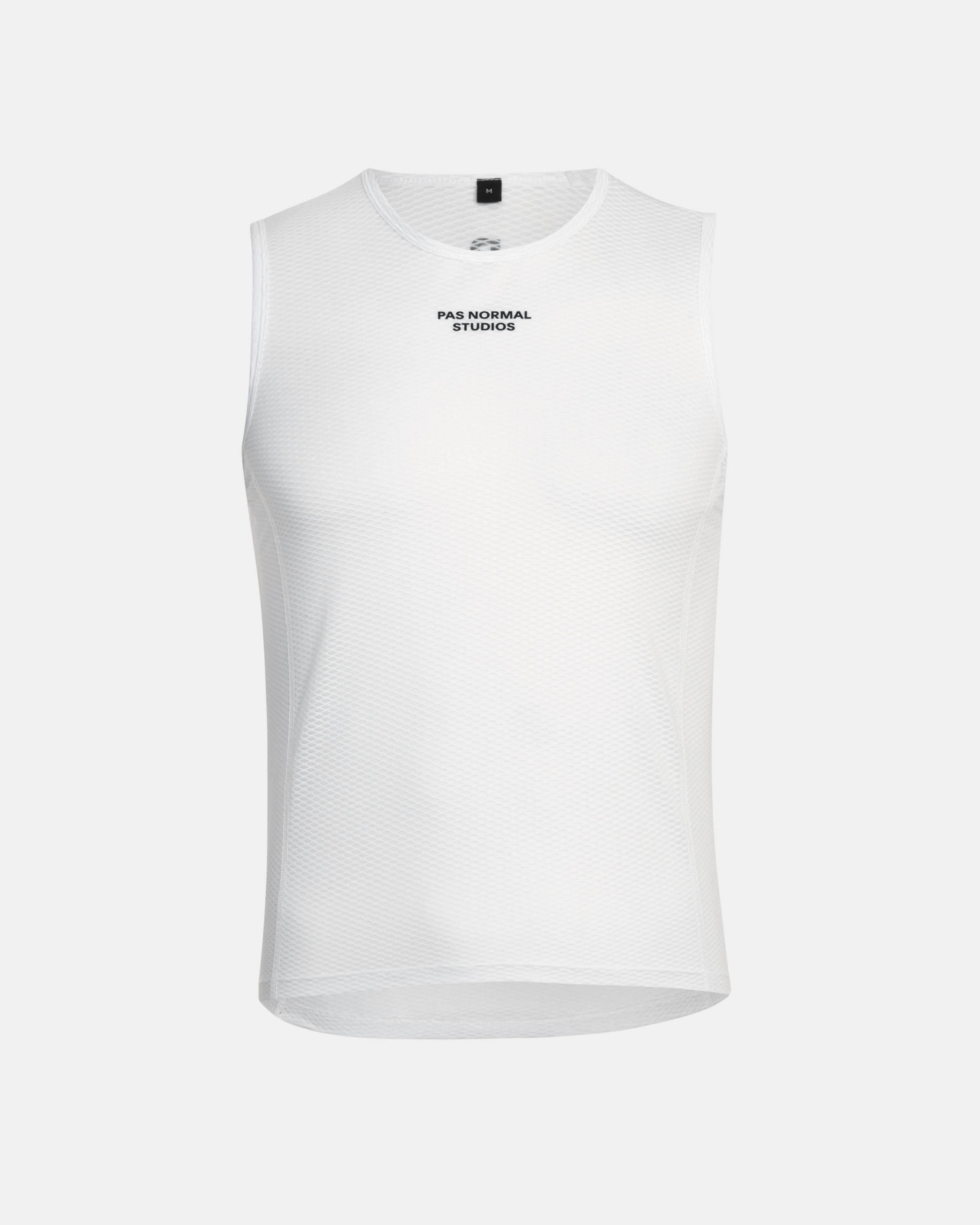 White Mechanism sleeveless cycling base layer, front flat lay with chest logo
