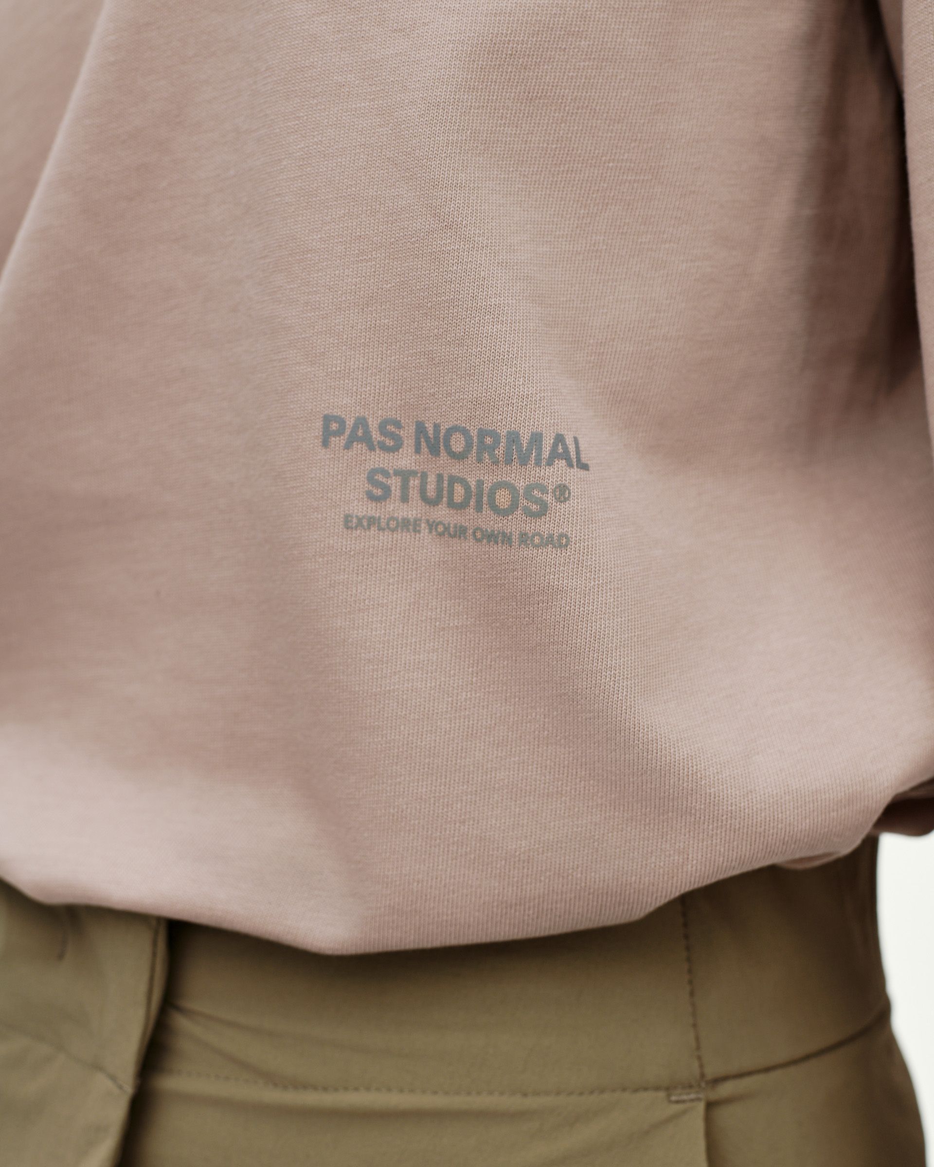 Haze purple Off-Race long sleeve graphic T-shirt, front detail on model with tonal chest logo print