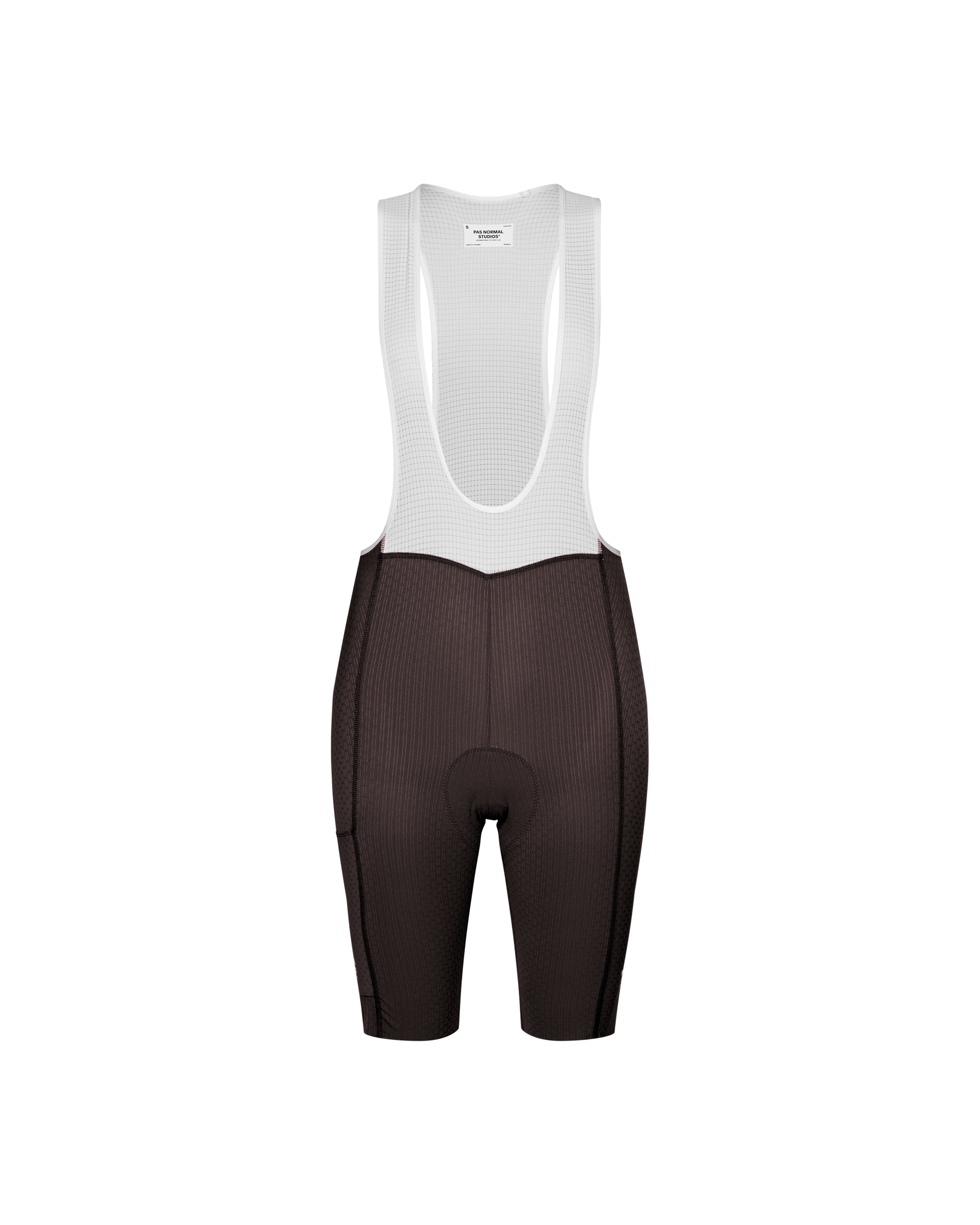 Dark Purple Essential cycling bibs, front flat lay with white mesh bib and ribbed leg panels