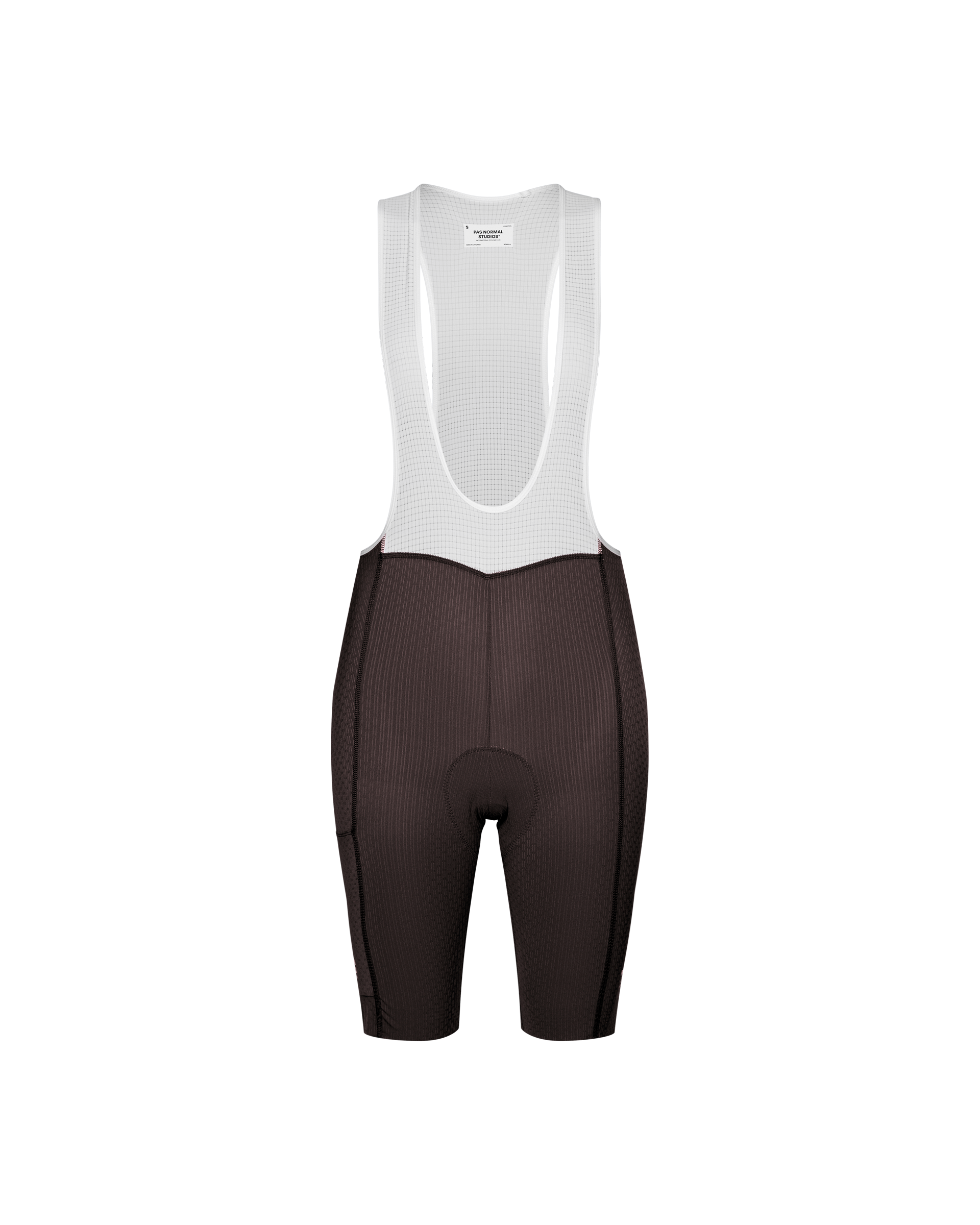 Dark Purple Essential cycling bibs, front flat lay with white mesh bib and ribbed leg panels