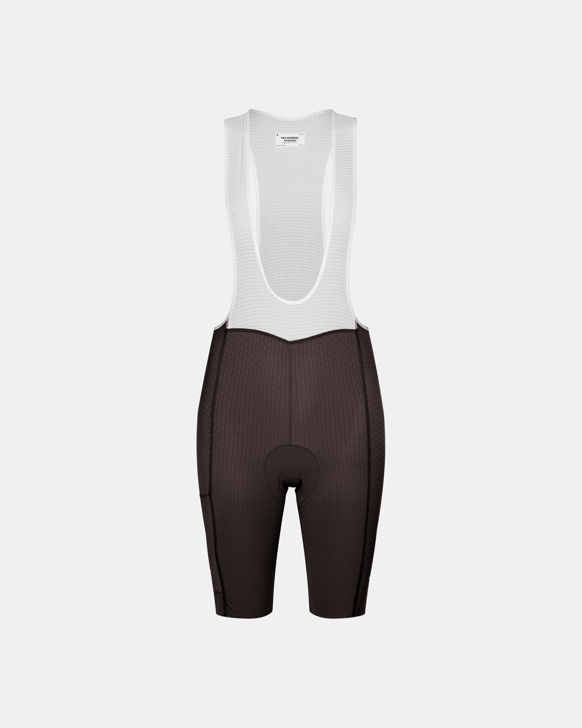 Dark Purple Essential cycling bibs, front flat lay with white mesh bib and ribbed leg panels