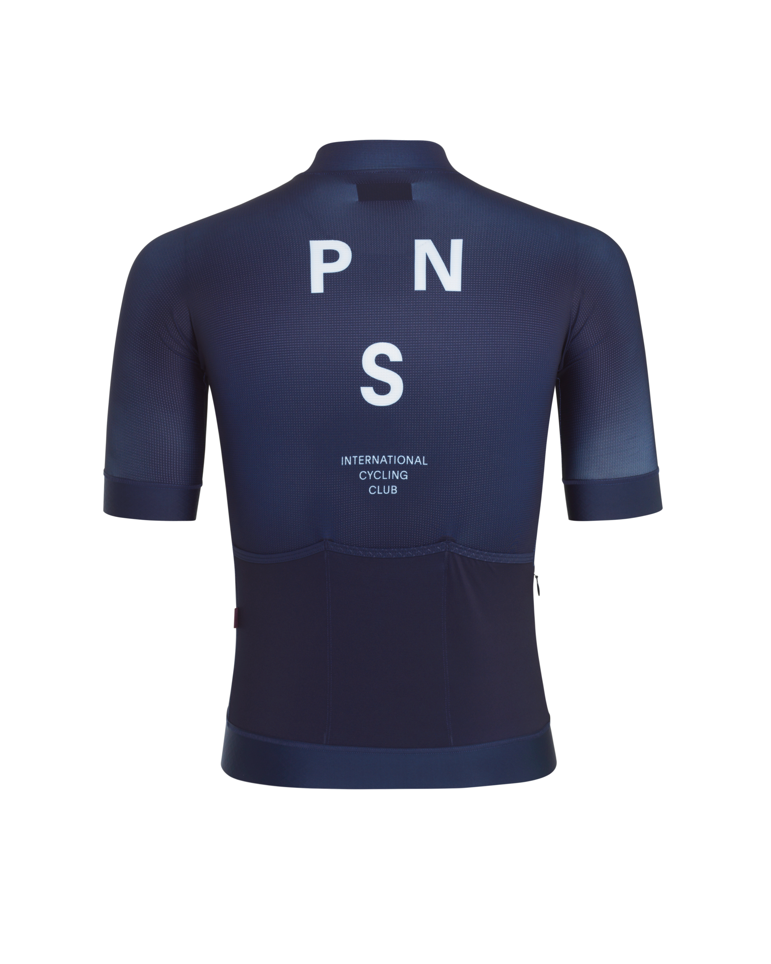 Navy Mechanism cycling jersey, rear view with white PNS letters and International Cycling Club text