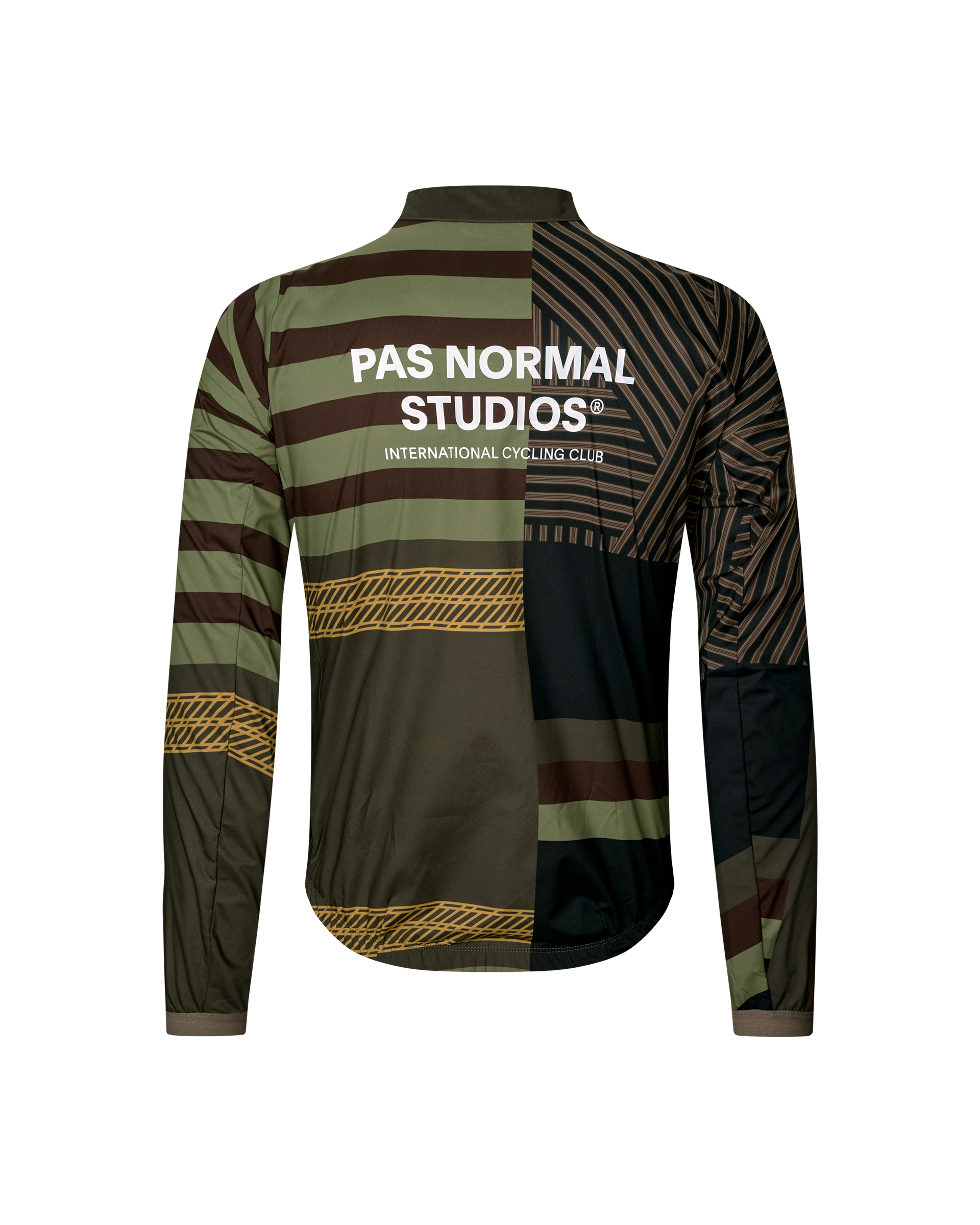 International Green Stow Away cycling jacket rear view with multicolor stripe graphic print and white back logo