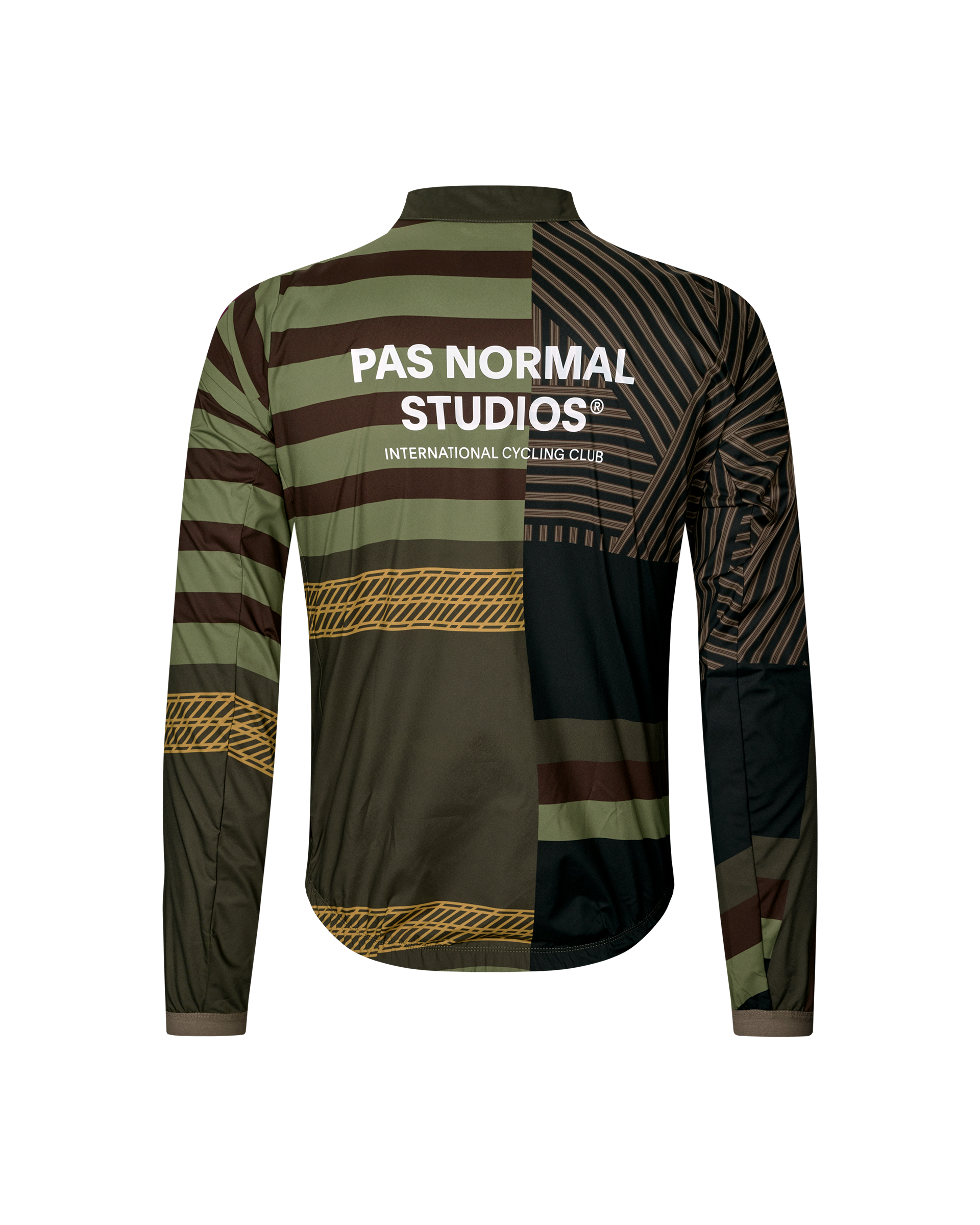 International Green Stow Away cycling jacket rear view with multicolor stripe graphic print and white back logo