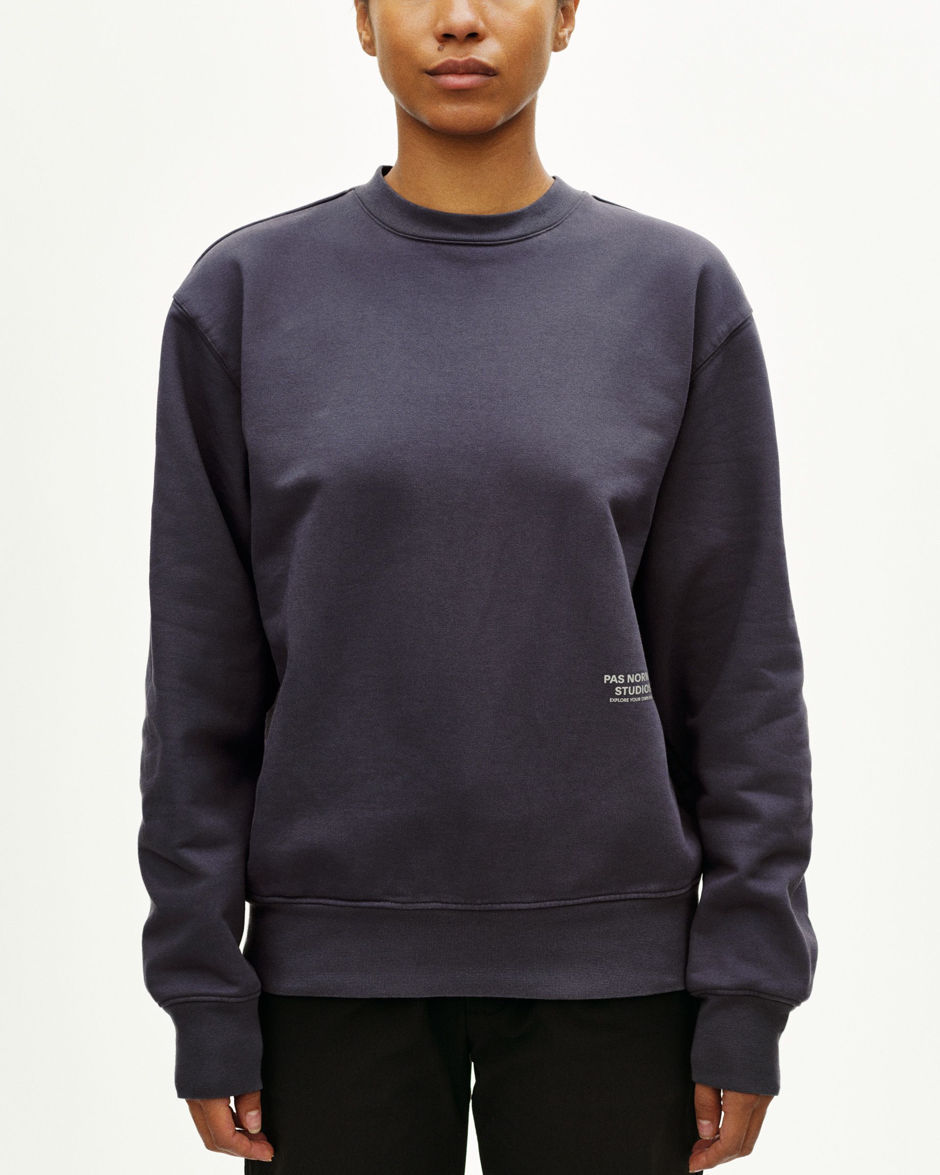 Grey Off-Race sweatshirt on model, front view with white chest logo