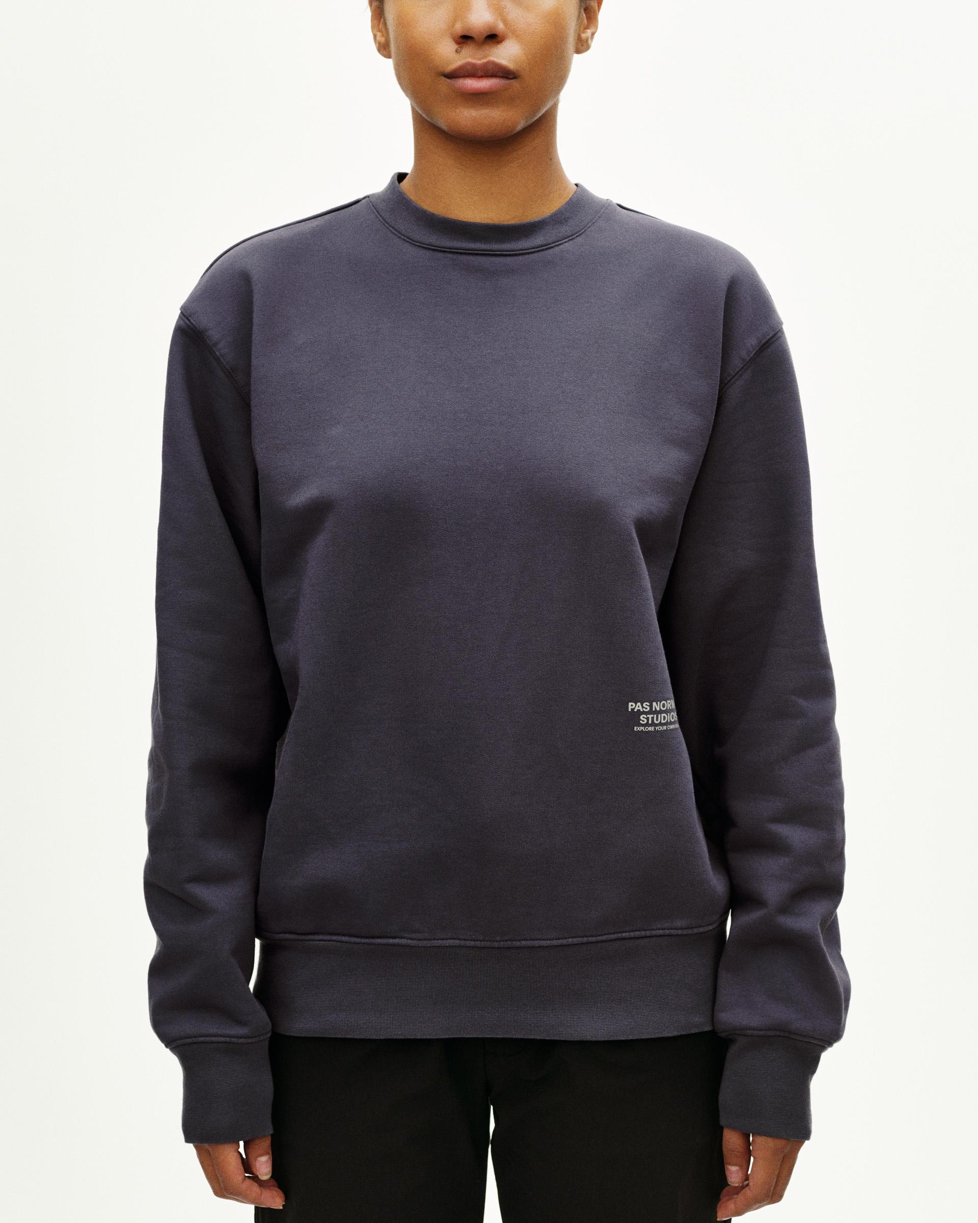 Grey Off-Race sweatshirt on model, front view with white chest logo