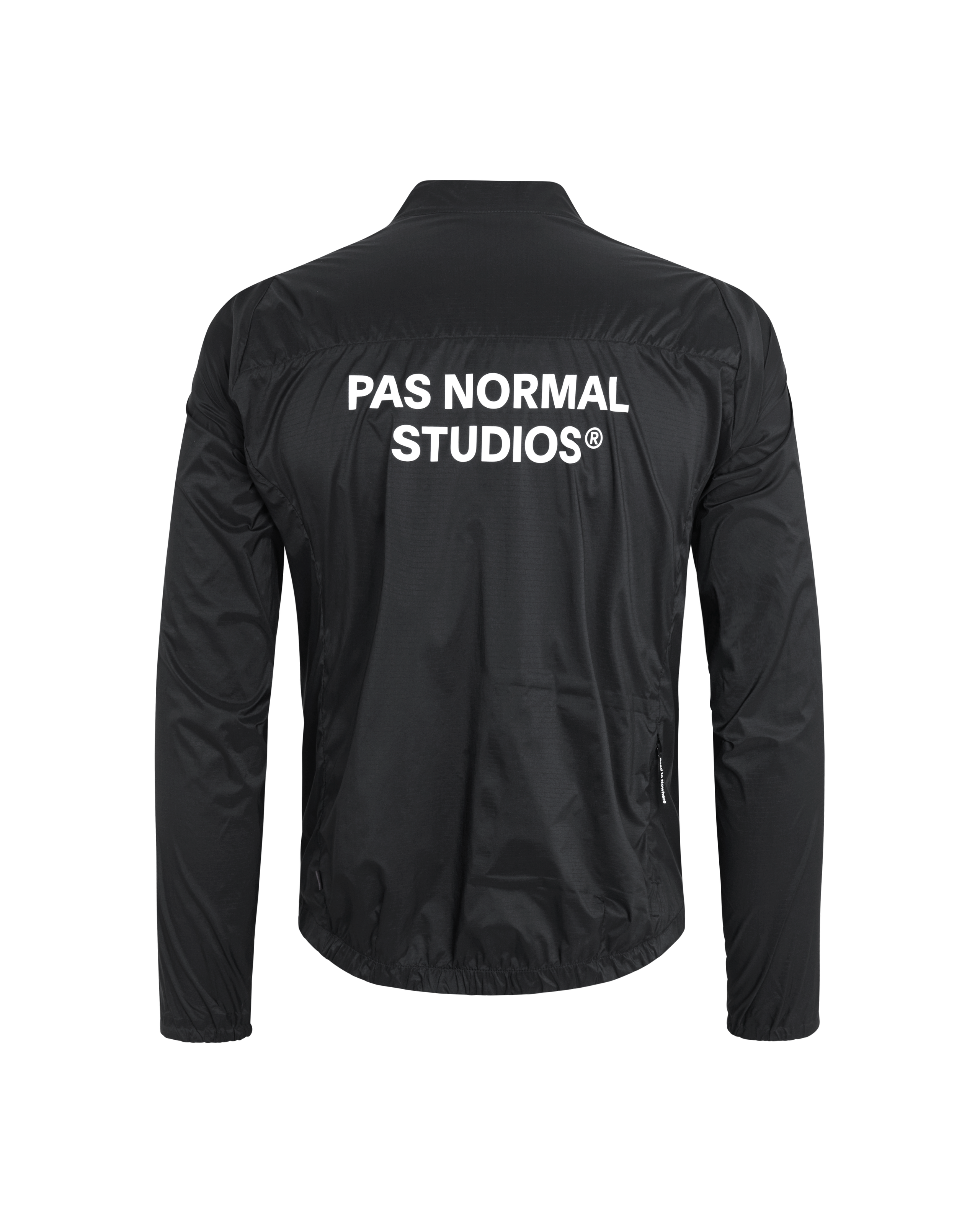 Black Essential insulated cycling jacket, rear view with white back logo