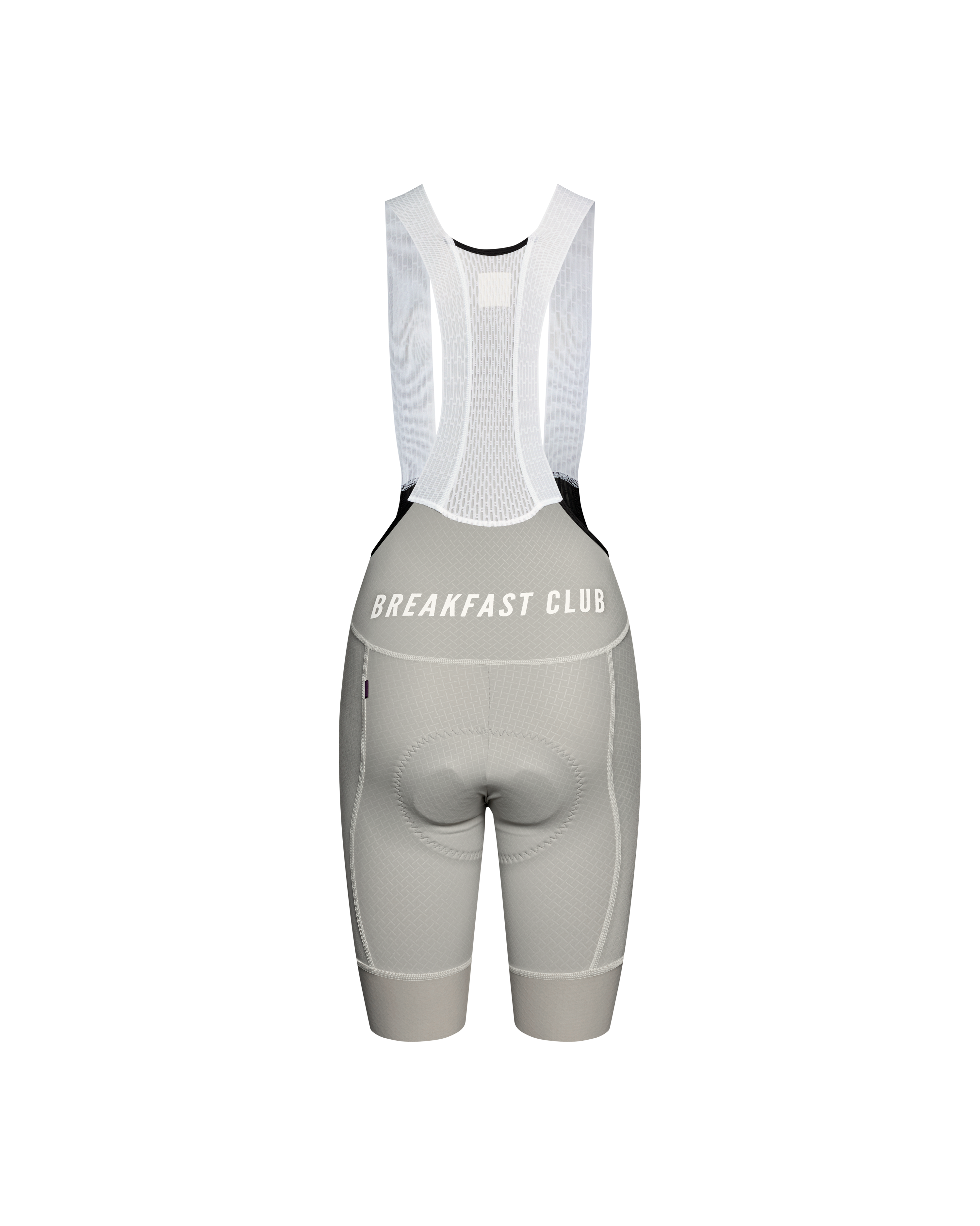 Light Grey Mechanism Breakfast Club women's cycling bibs, rear flat lay with white mesh straps and waistband text print