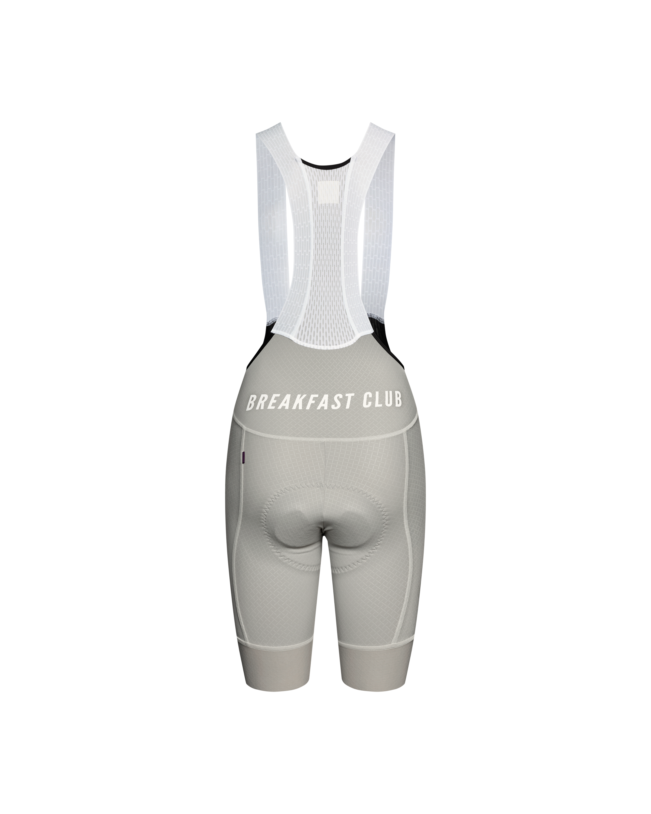 Light Grey Mechanism Breakfast Club women's cycling bibs, rear flat lay with white mesh straps and waistband text print