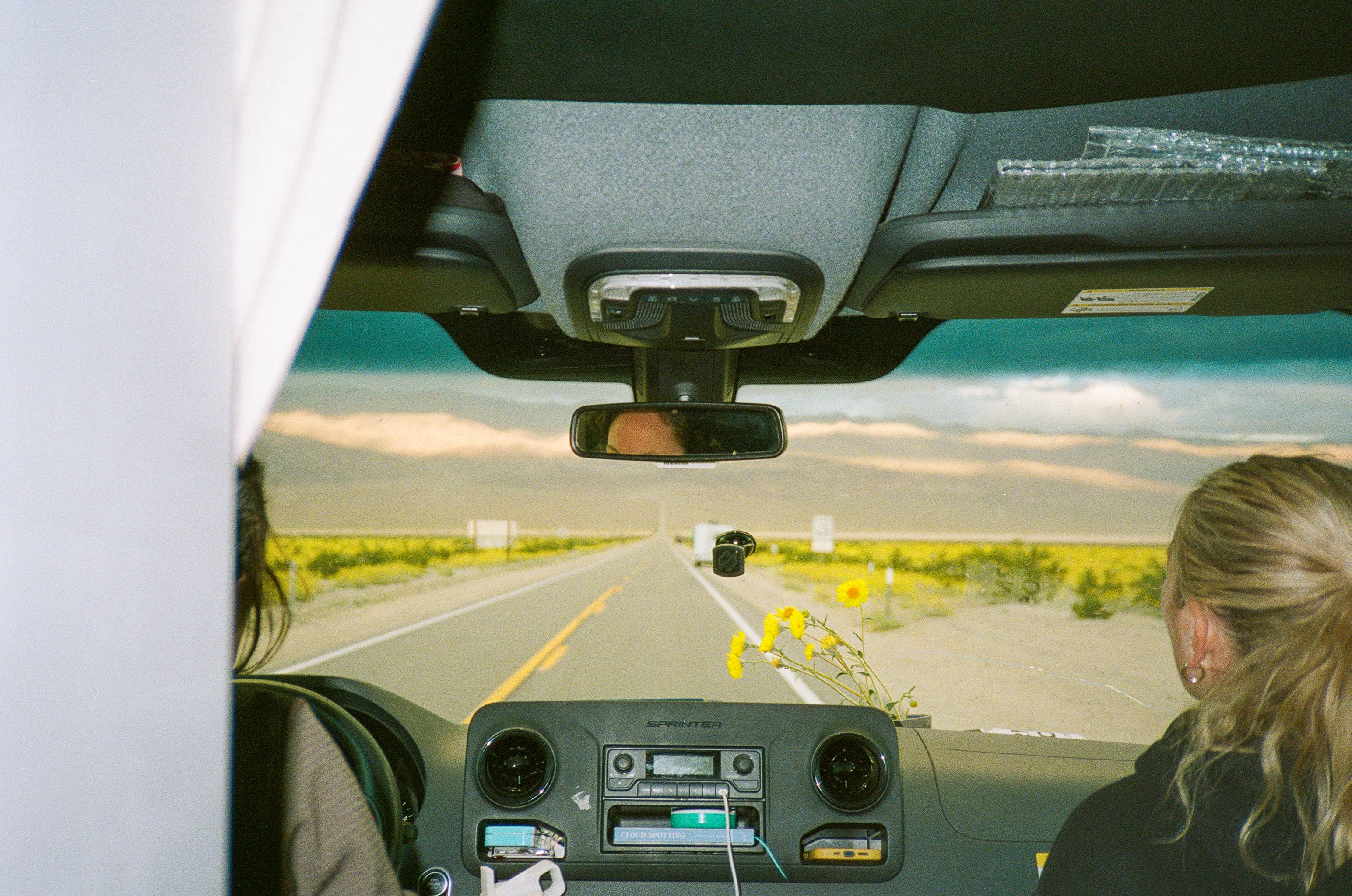 Car interior view of open road through Death Valley with blonde passenger and yellow wildflowers on dashboard