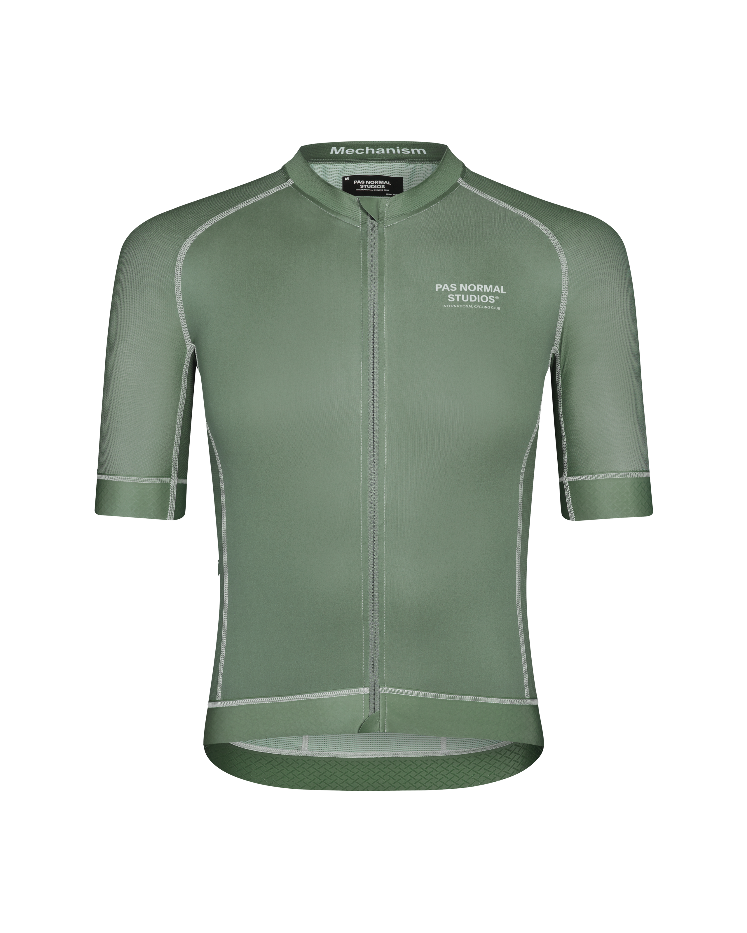 Khaki Green Mechanism cycling jersey, front view with contrast stitching and textured hem panel