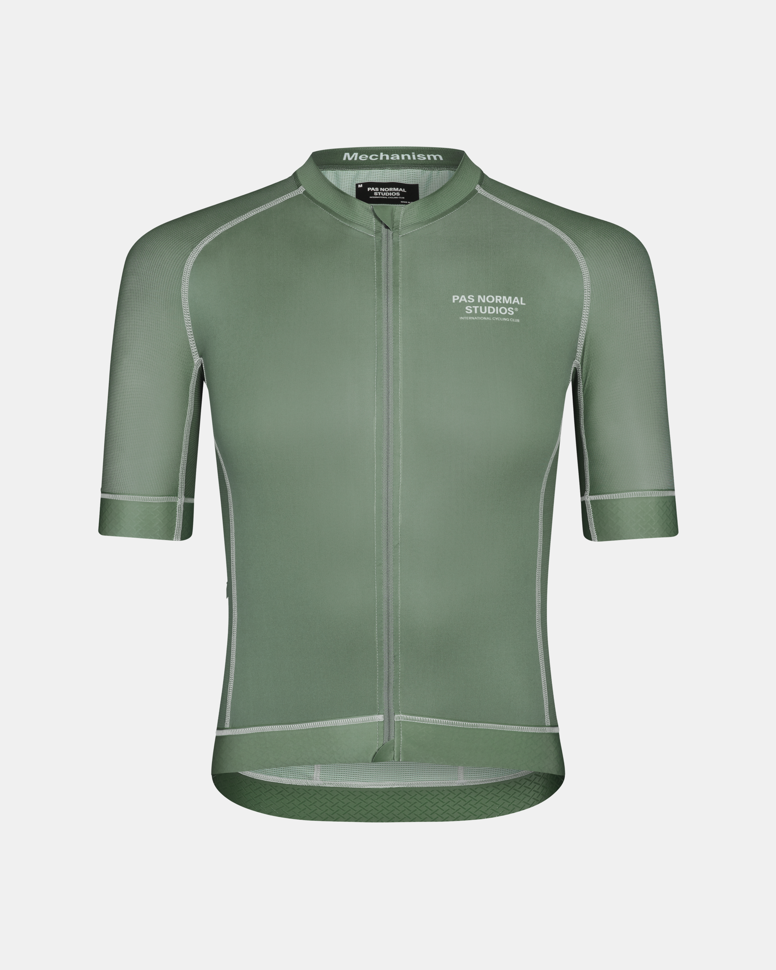Khaki Green Mechanism cycling jersey, front view with contrast stitching and textured hem panel