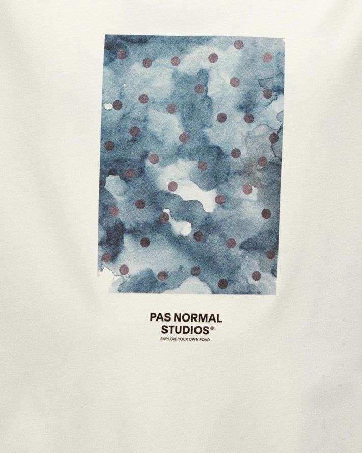 Off White Off-Race Cotton Tech Graphic long sleeve t-shirt, flat lay with blue watercolor dot print