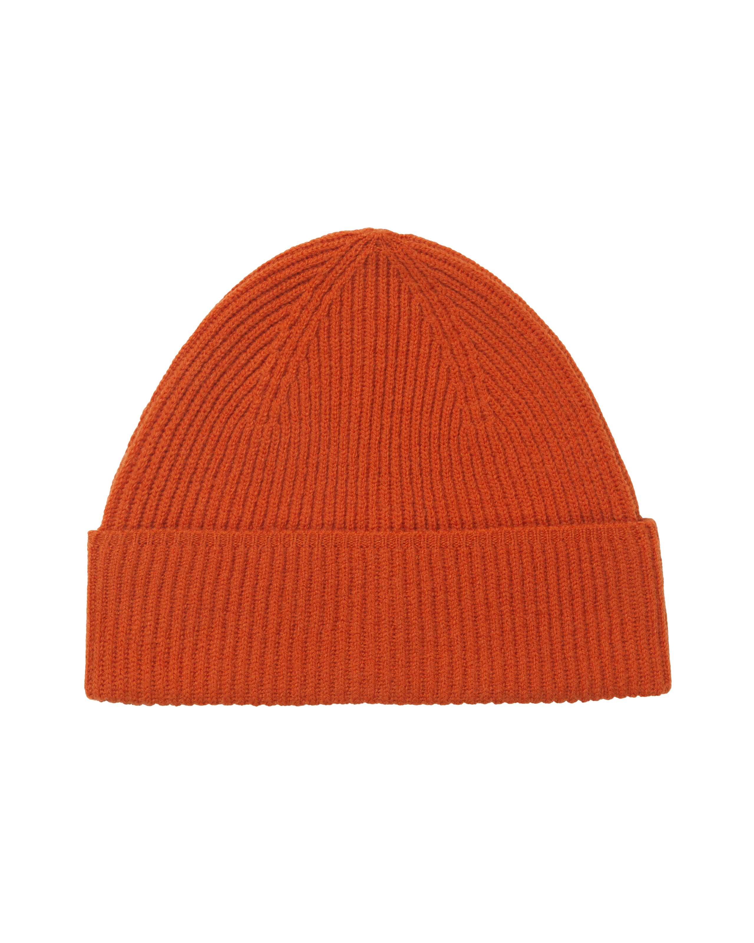 Orange Off-Race Merino Knit beanie, front view with ribbed knit texture and folded cuff