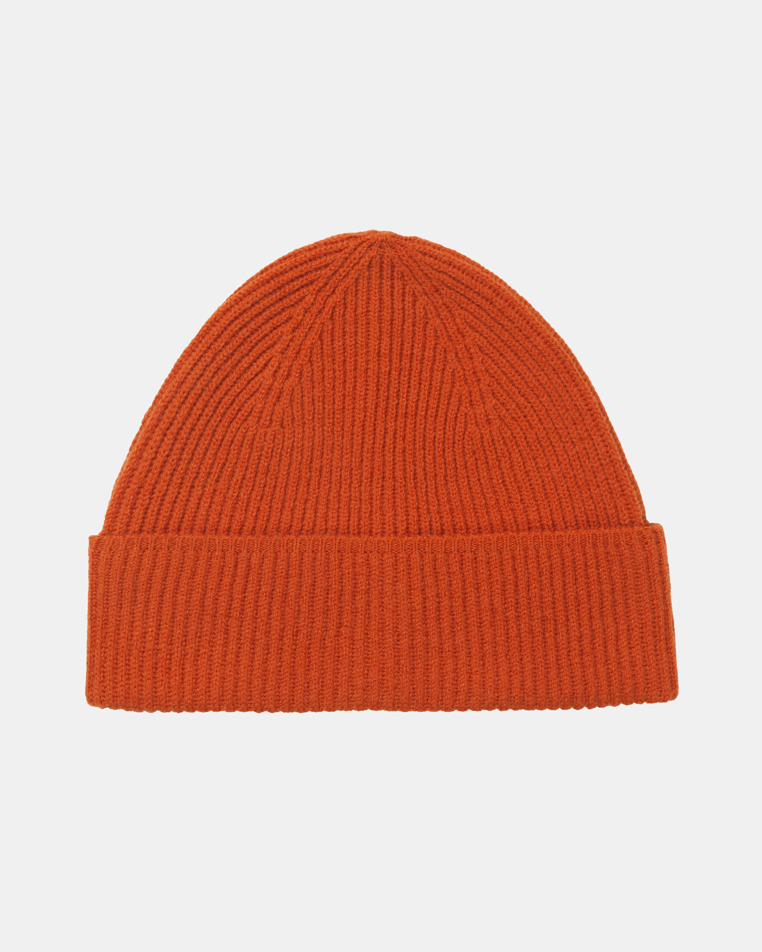 Orange Off-Race Merino Knit beanie, front view with ribbed knit texture and folded cuff