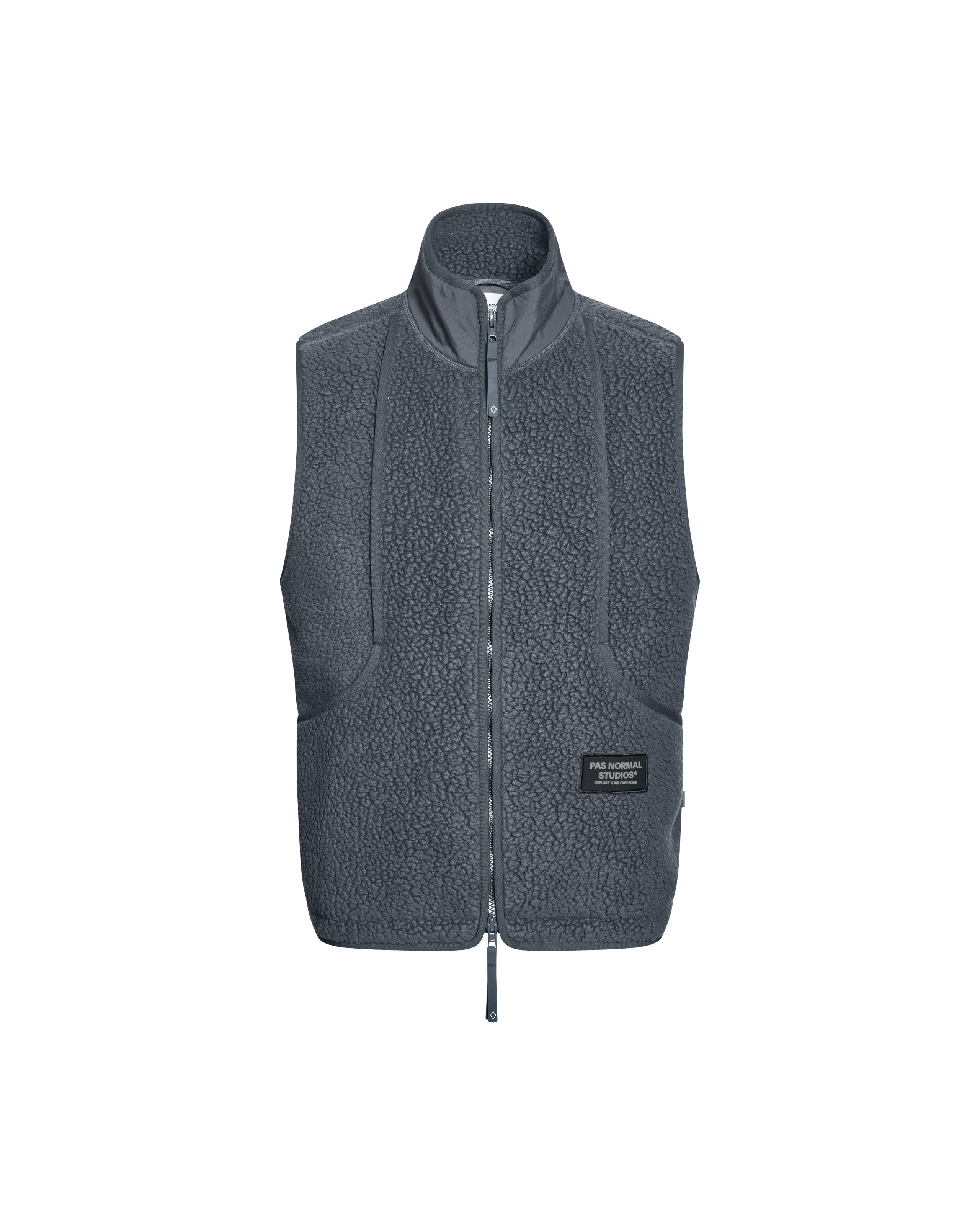 Steel Off-Race Pile Fleece vest, front flat lay with textured fleece fabric and full zip