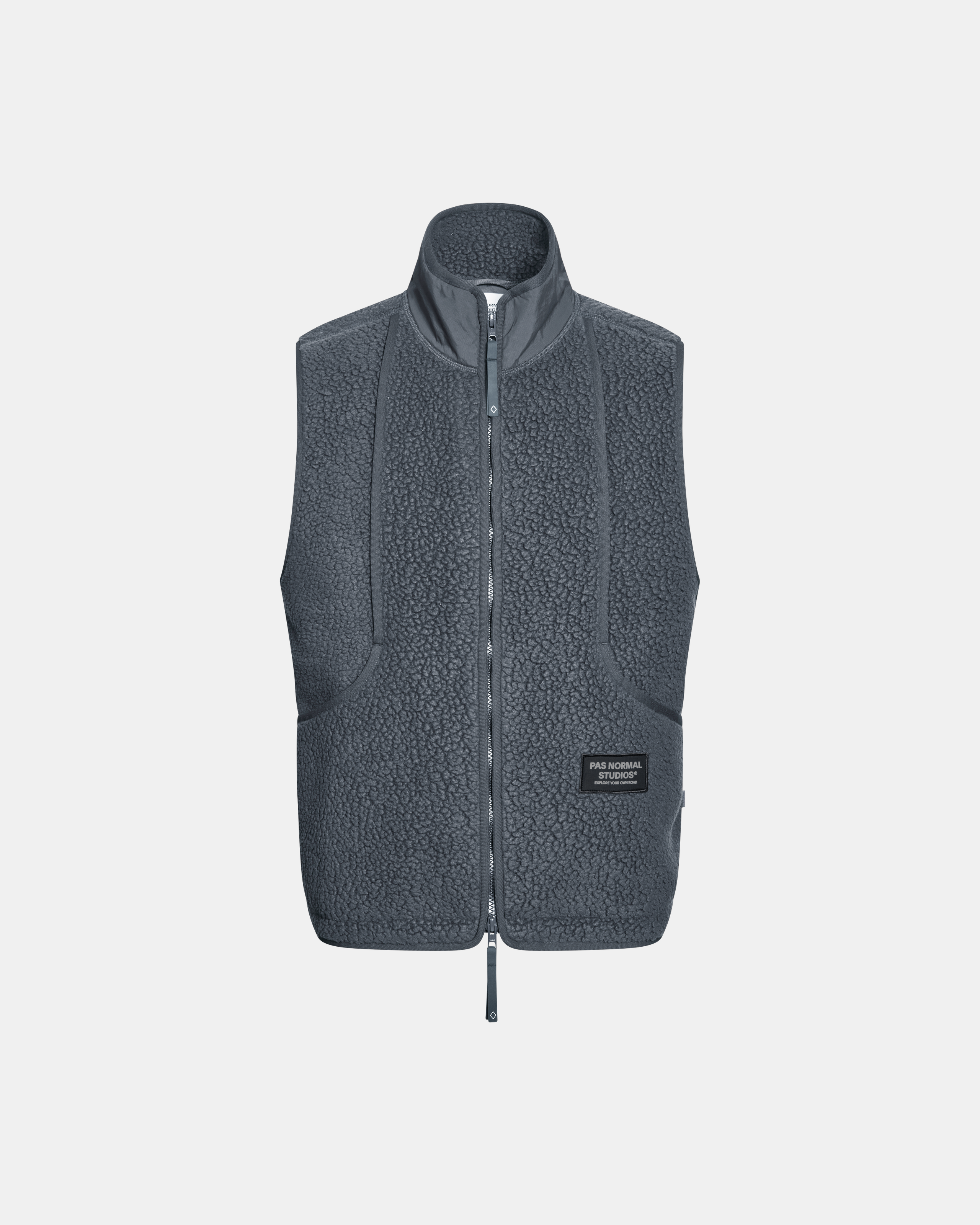 Steel Off-Race Pile Fleece vest, front flat lay with textured fleece fabric and full zip
