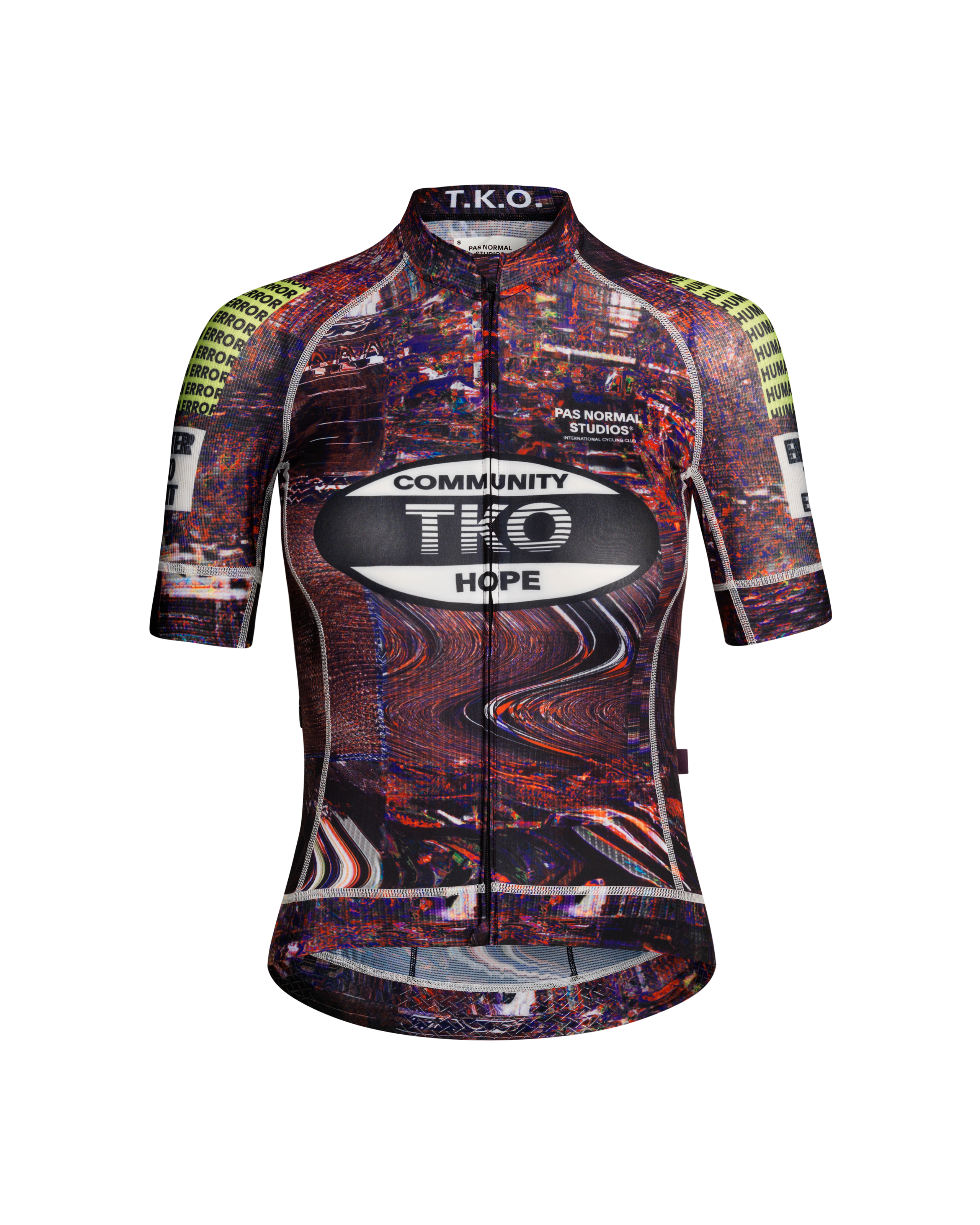 Human Error Pink T.K.O. Mechanism cycling jersey, front flat lay with glitch AOP print and neon yellow sleeve bands