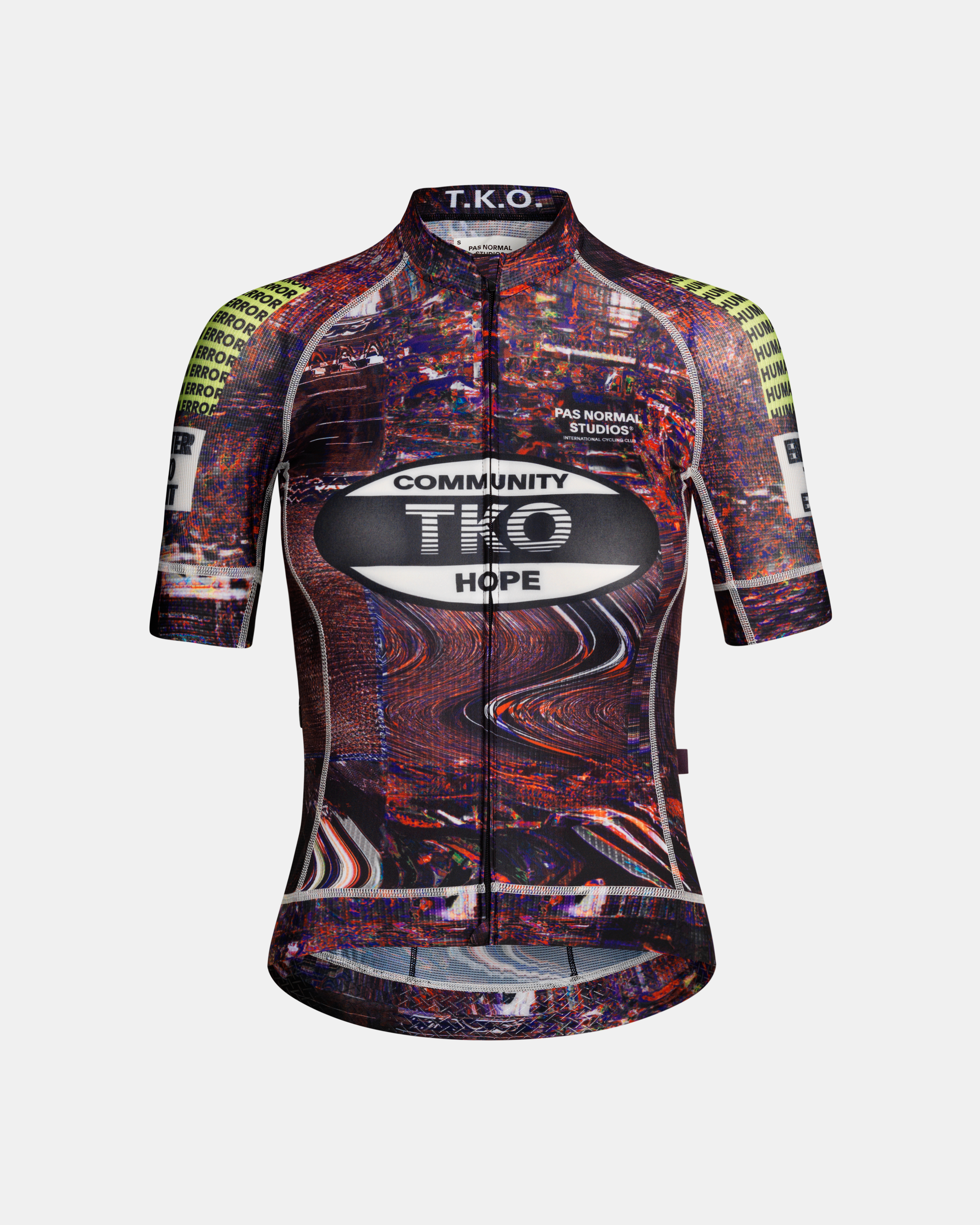 Human Error Pink T.K.O. Mechanism cycling jersey, front flat lay with glitch AOP print and neon yellow sleeve bands