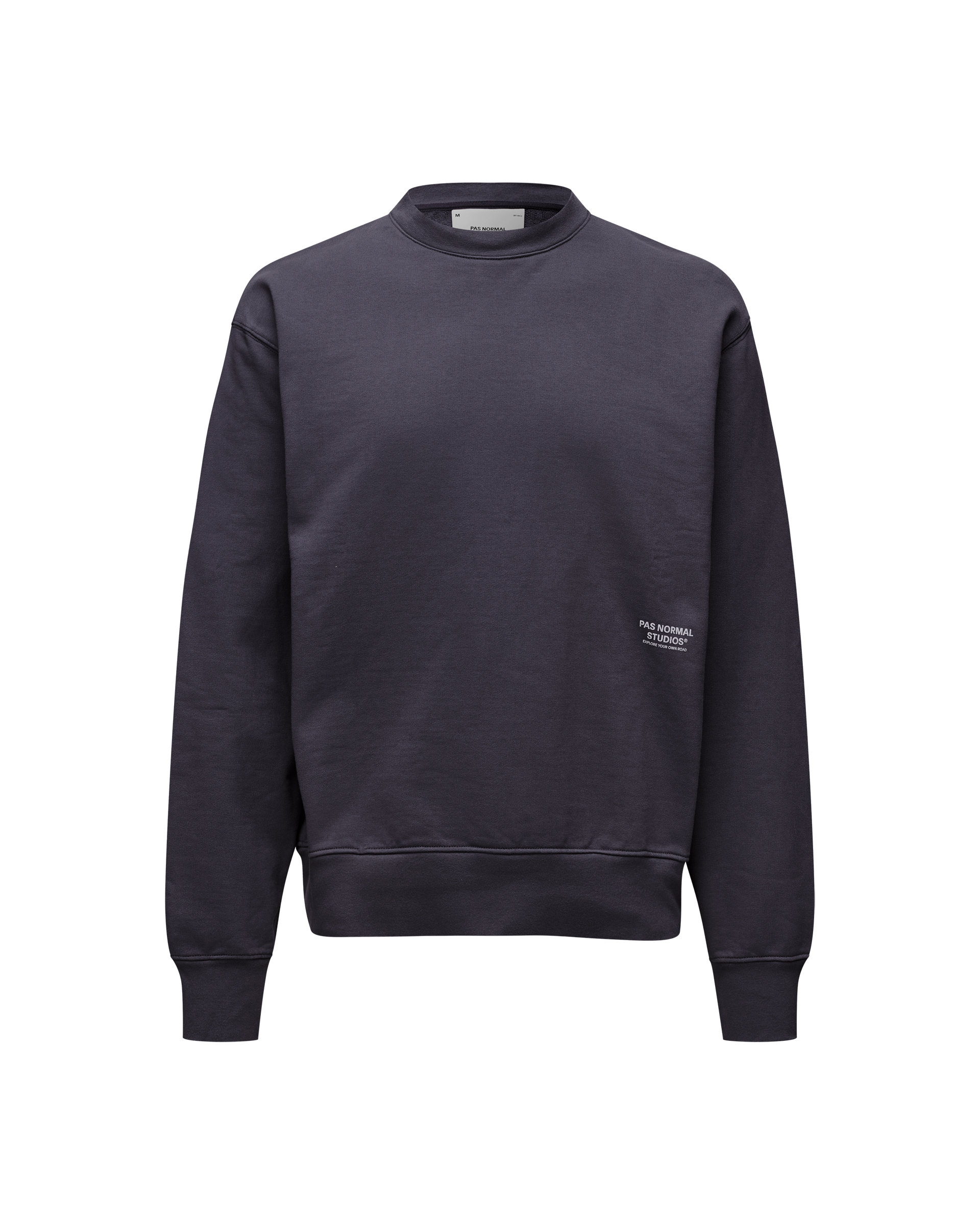 Iron Grey Off-Race sweatshirt, front flat lay with white logo patch on lower right
