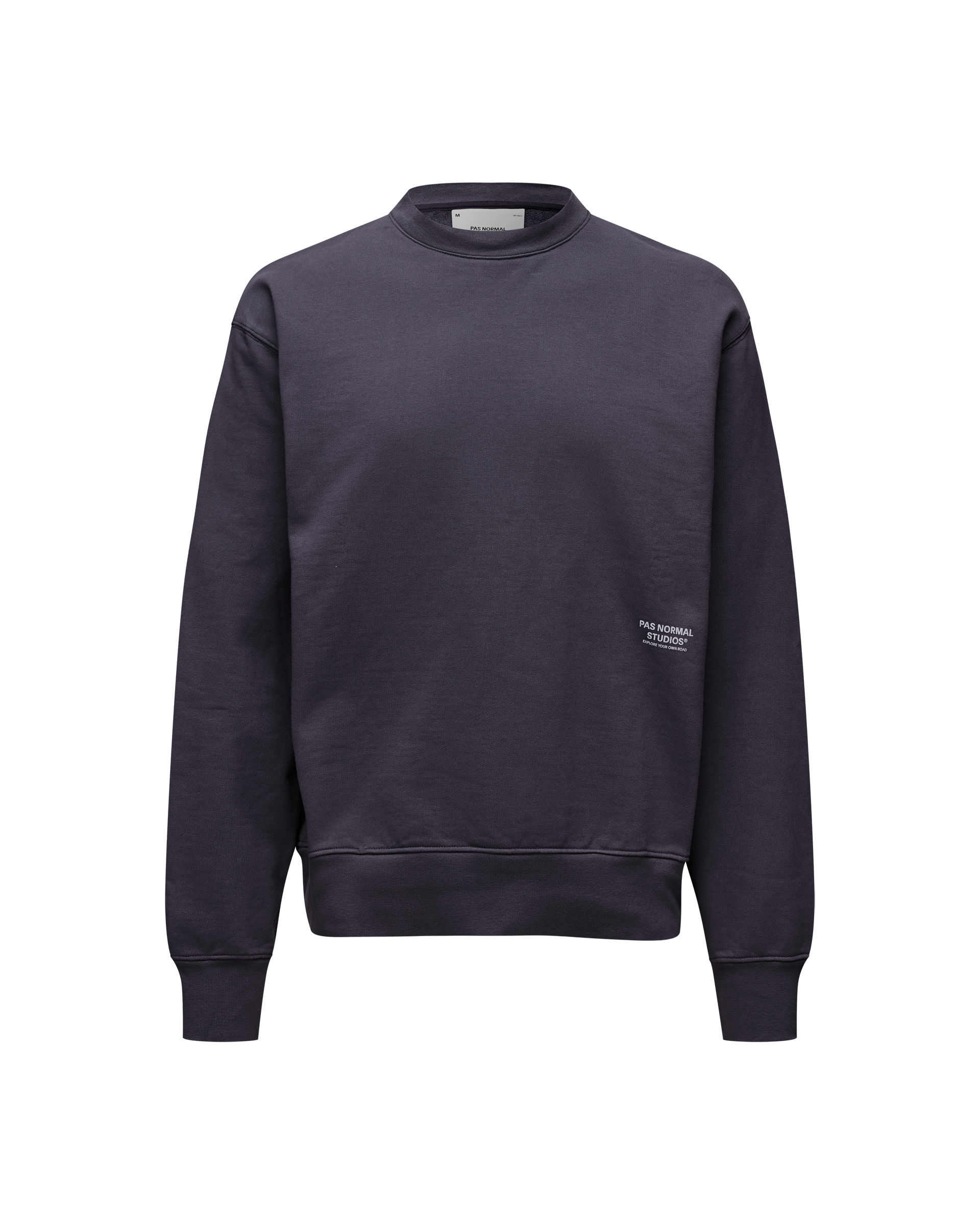 Iron Grey Off-Race sweatshirt, front flat lay with white logo patch on lower right